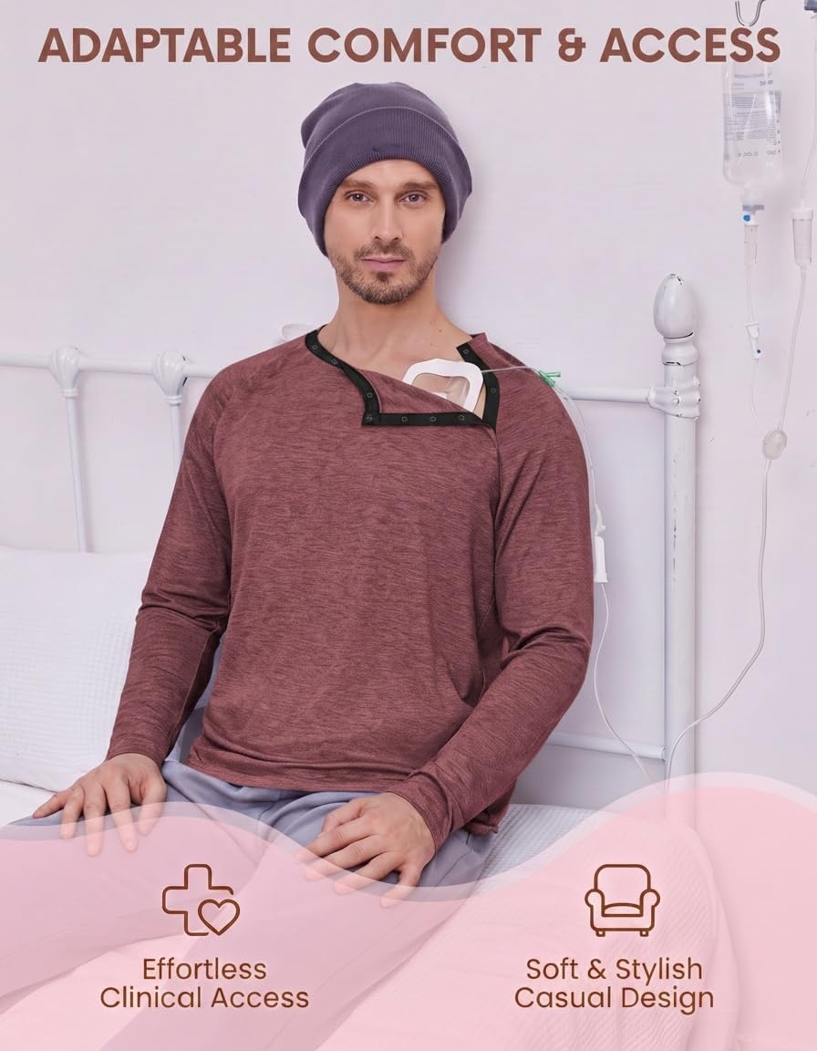 image:imageDeyeek Chemo Port Shirts for Men Side Snap Long Sleeve Port Access ShirtsRed