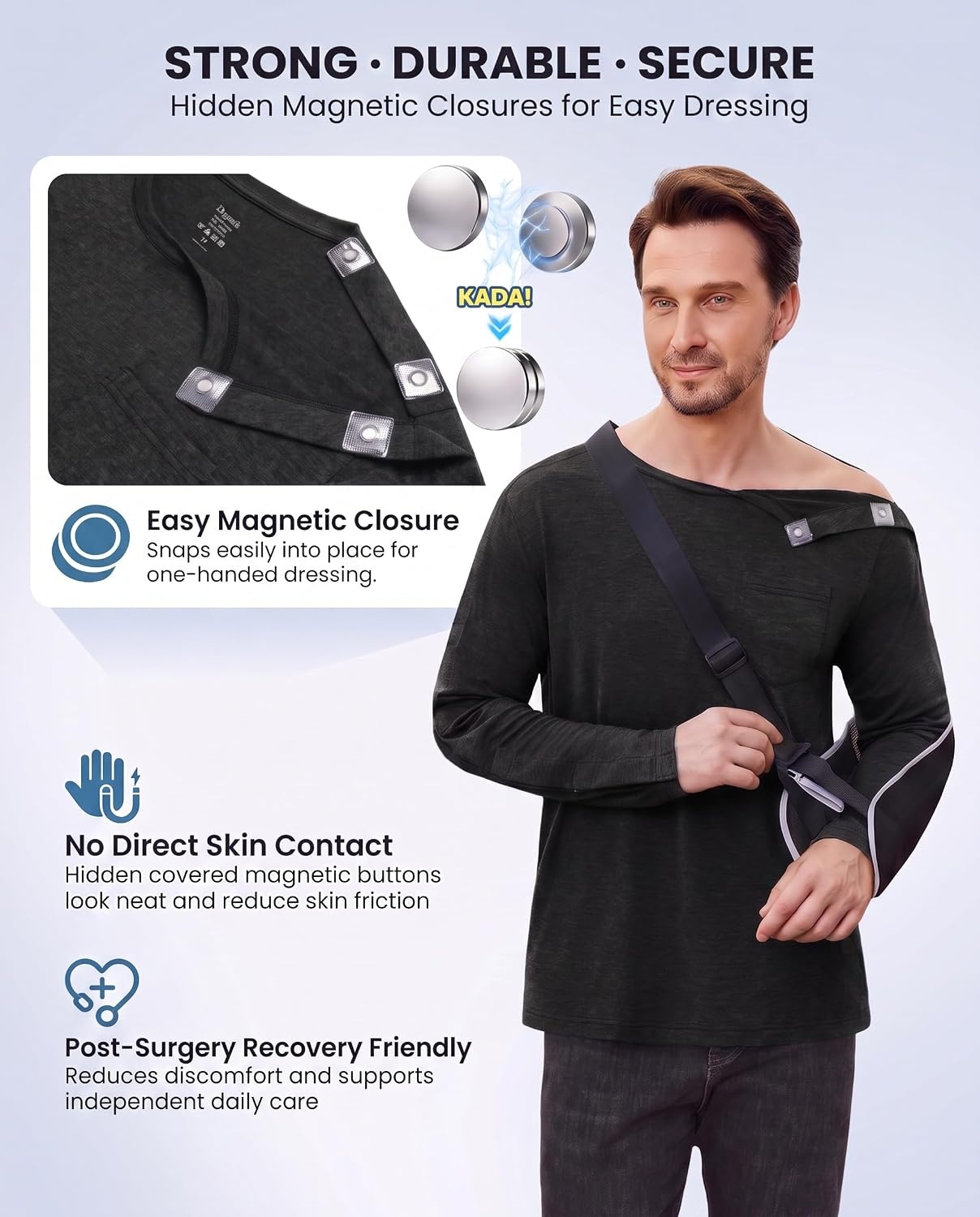 image:imageDeyeek Magnetic Post Shoulder Surgery Recovery Shirts for Men Long SleeveBlack