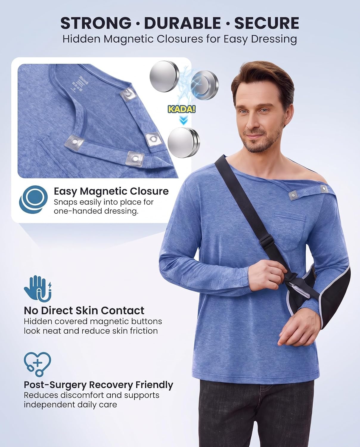 image:imageDeyeek Magnetic Post Shoulder Surgery Recovery Shirts for Men Long SleeveBlue