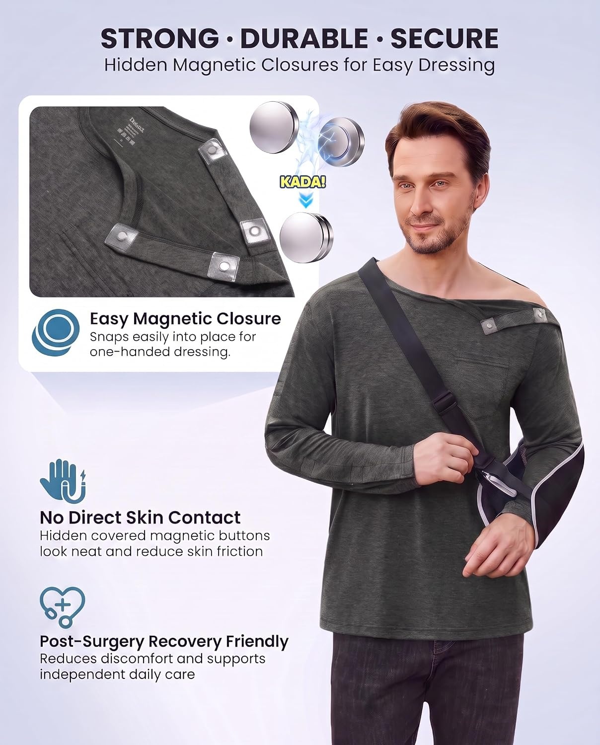 image:imageDeyeek Magnetic Post Shoulder Surgery Recovery Shirts for Men Long SleeveDark Grey