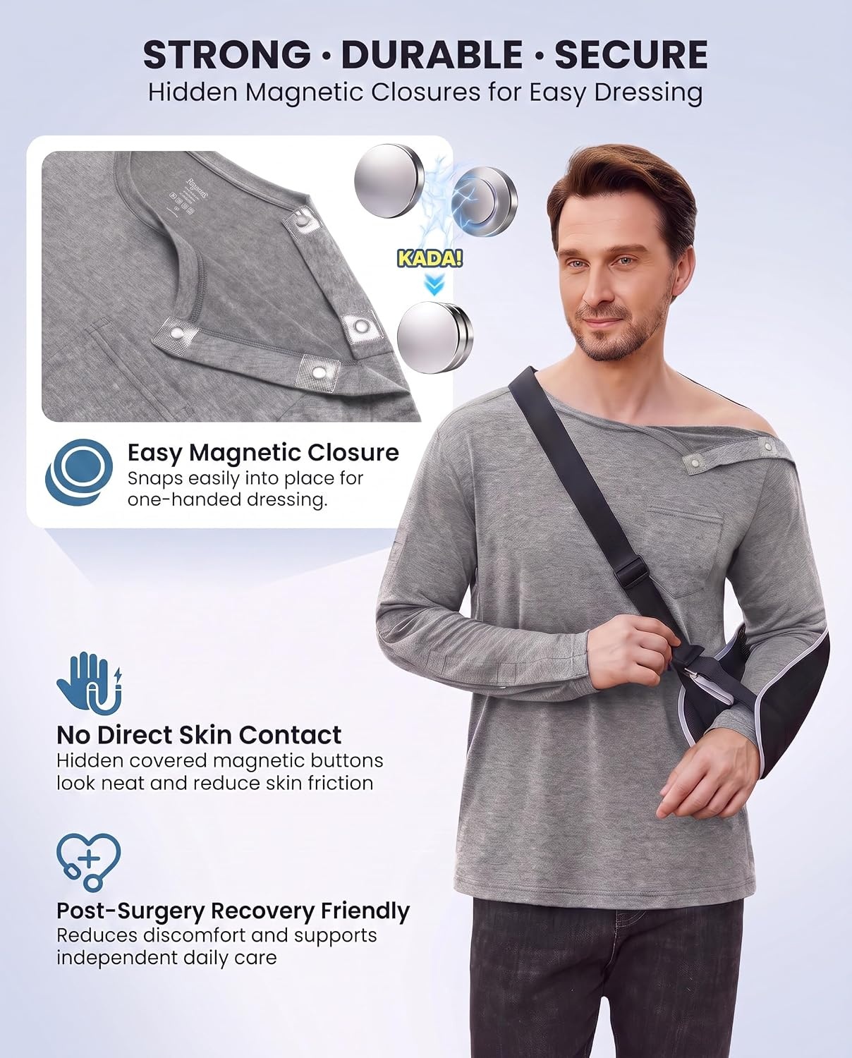image:imageDeyeek Magnetic Post Shoulder Surgery Recovery Shirts for Men Long SleeveGrey