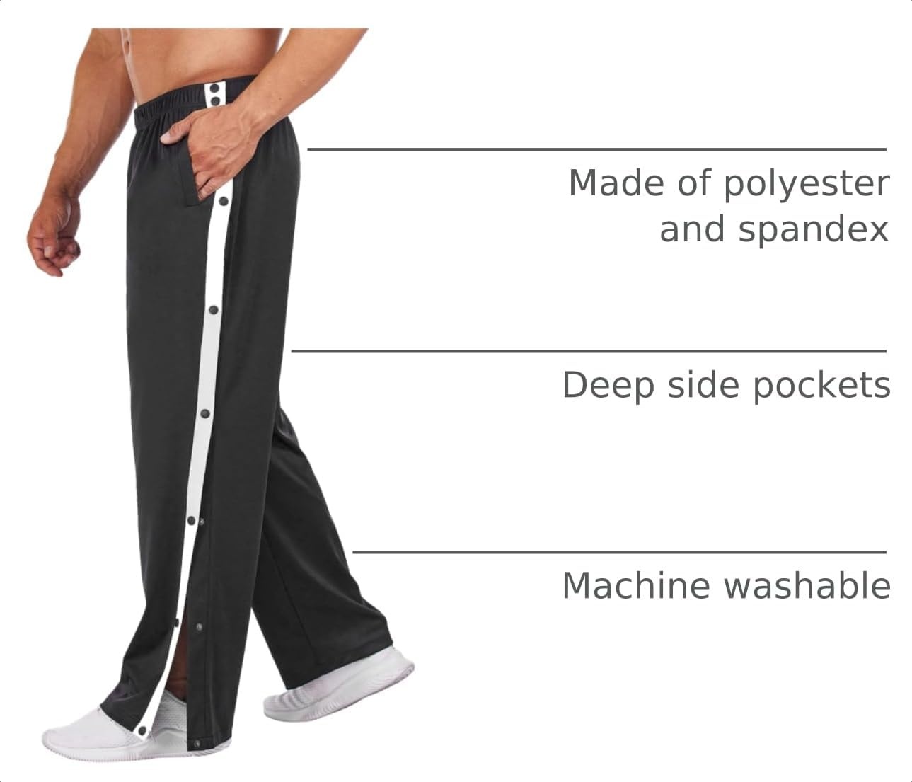 image:imageDeyeek Mens Tear Away Pants Breakaway Basketball Snap Post SurgeryBlack
