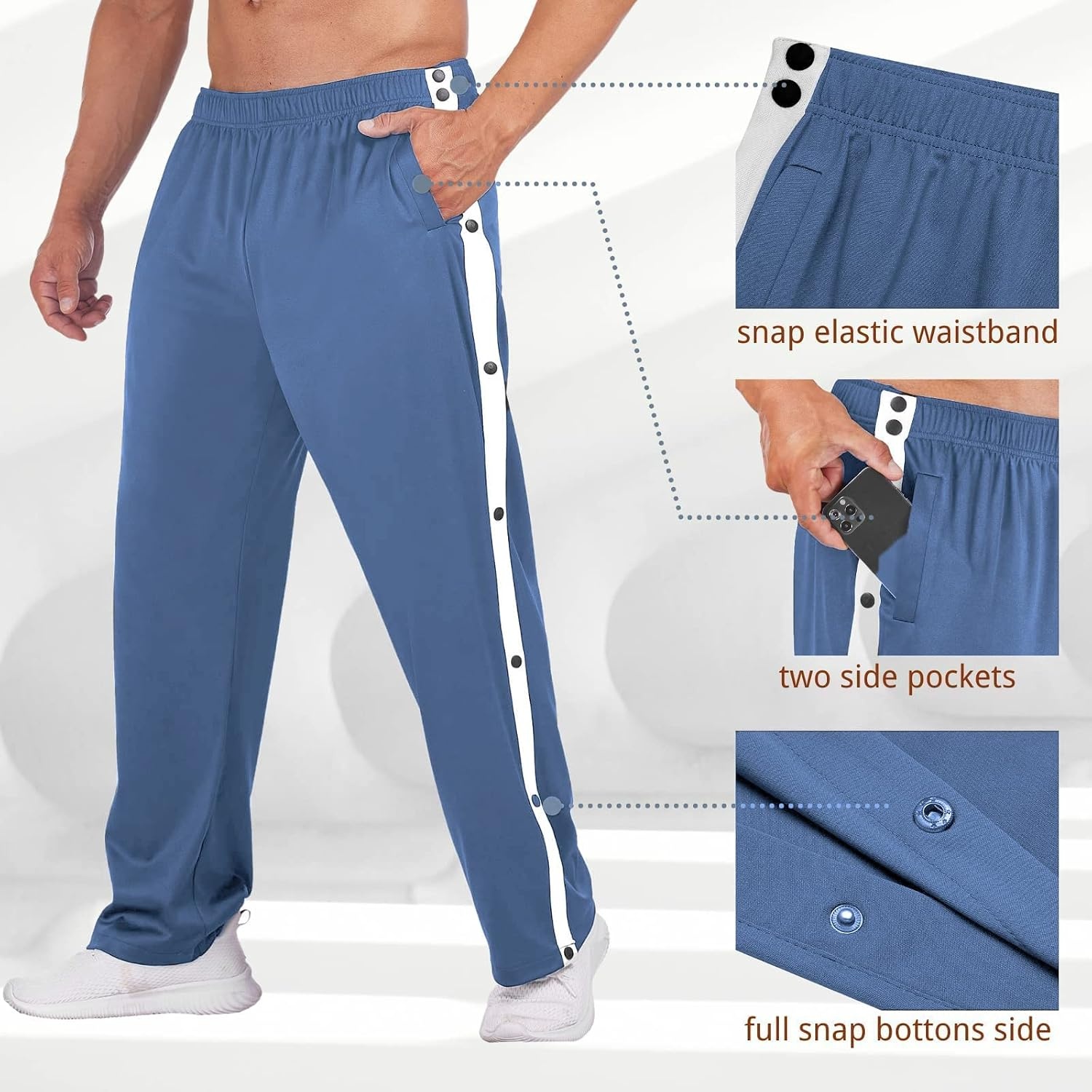 image:imageDeyeek Mens Tear Away Pants Breakaway Basketball Snap Post SurgeryBlue Gray