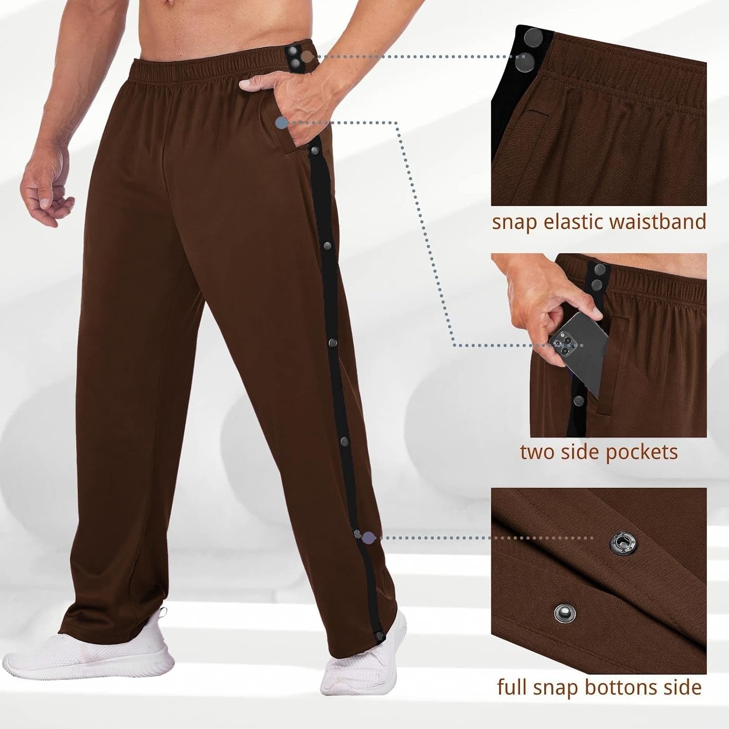 image:imageDeyeek Mens Tear Away Pants Breakaway Basketball Snap Post SurgeryDark Brown