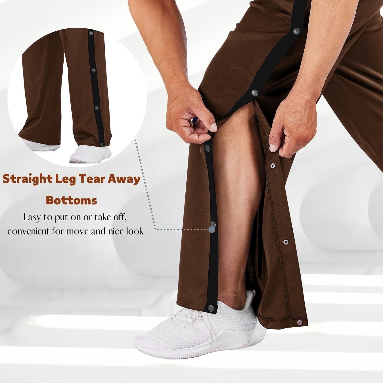 image:imageDeyeek Mens Tear Away Pants Breakaway Basketball Snap Post SurgeryDark Brown