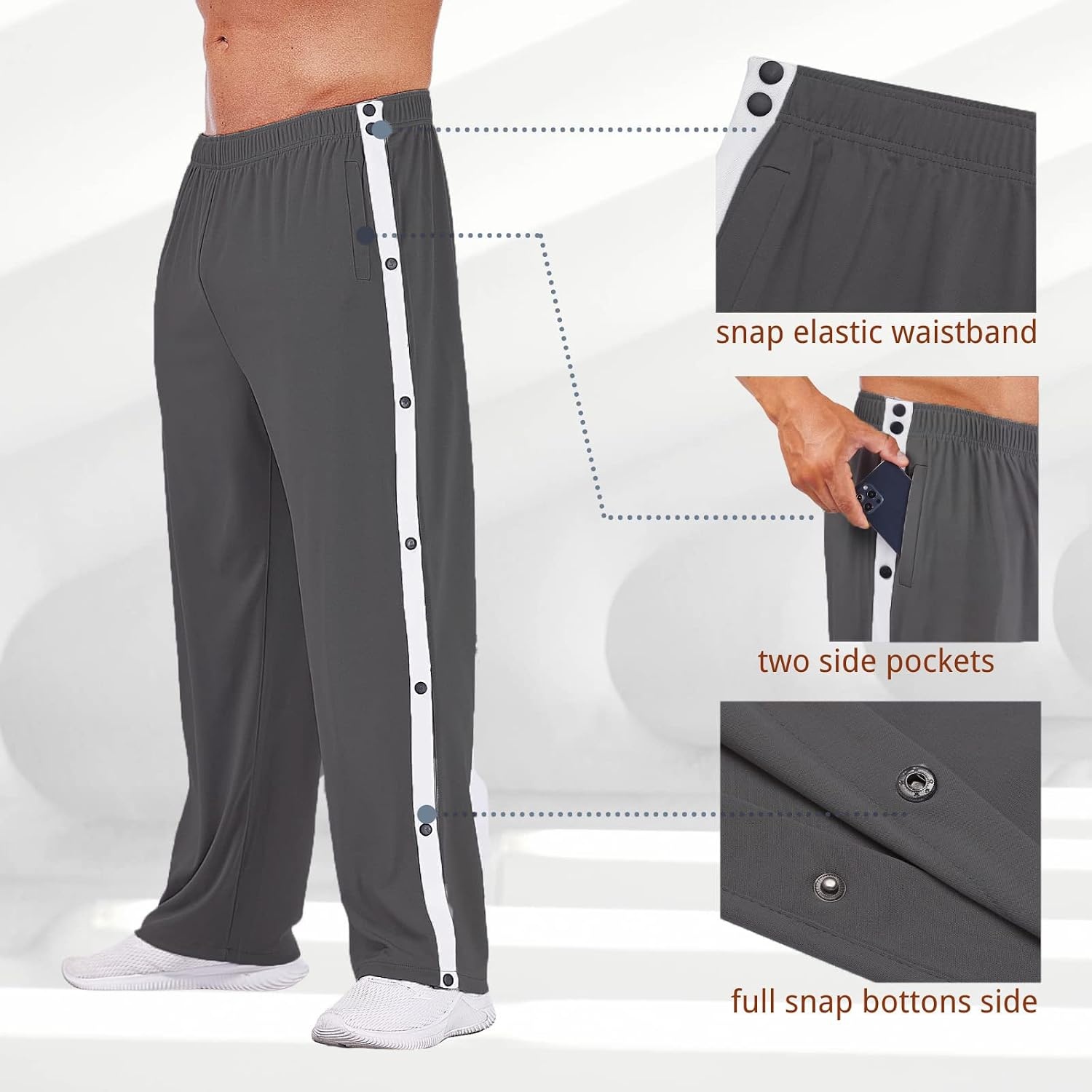 image:imageDeyeek Mens Tear Away Pants Breakaway Basketball Snap Post SurgeryDark Grey