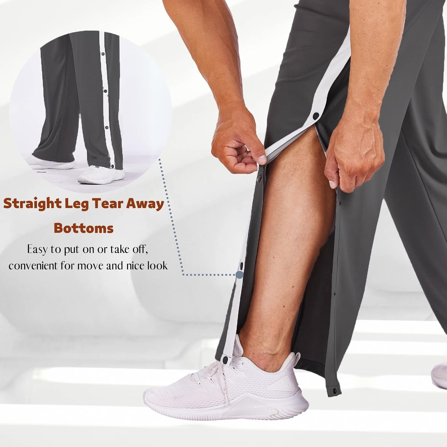 image:imageDeyeek Mens Tear Away Pants Breakaway Basketball Snap Post SurgeryDark Grey