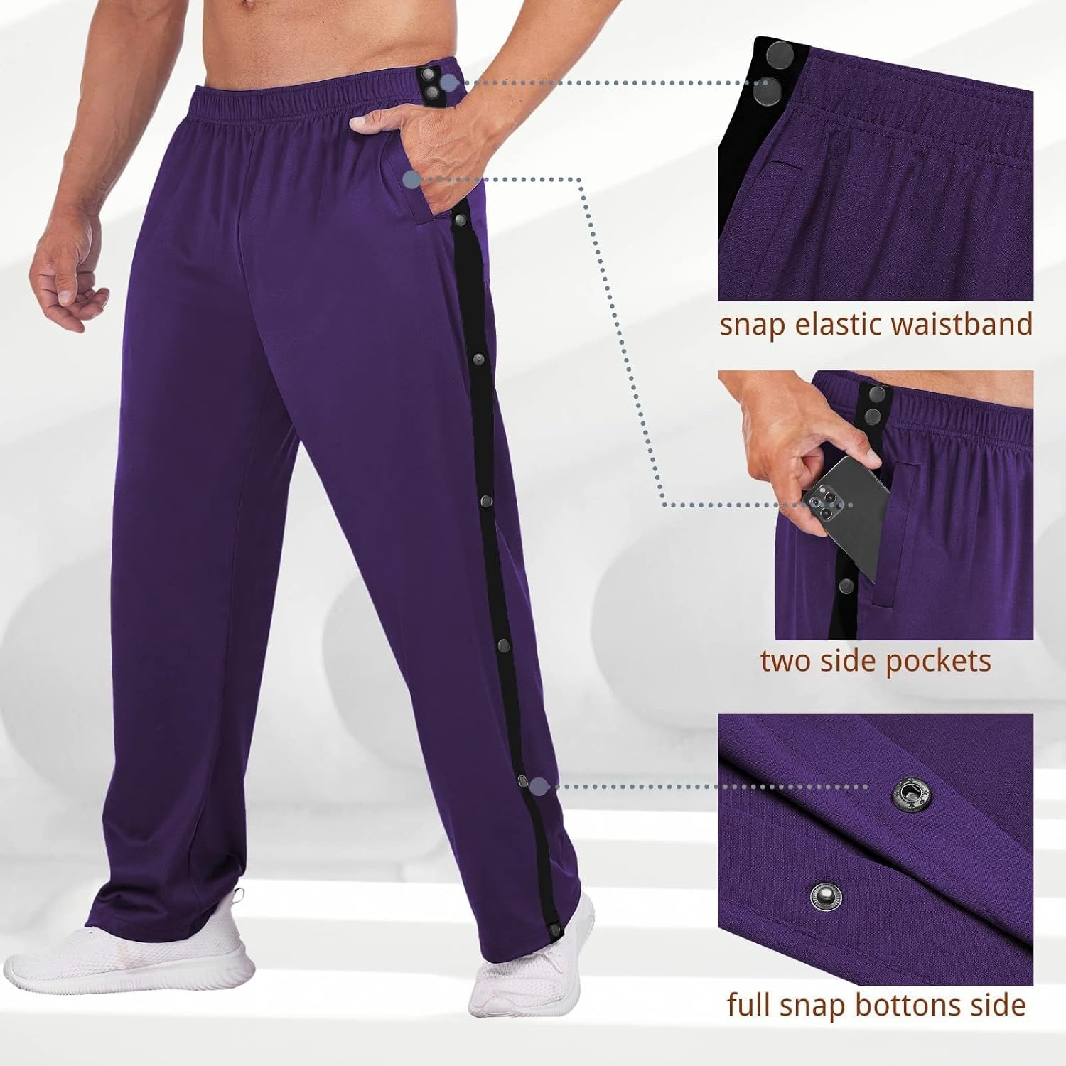 image:imageDeyeek Mens Tear Away Pants Breakaway Basketball Snap Post SurgeryDark Purple