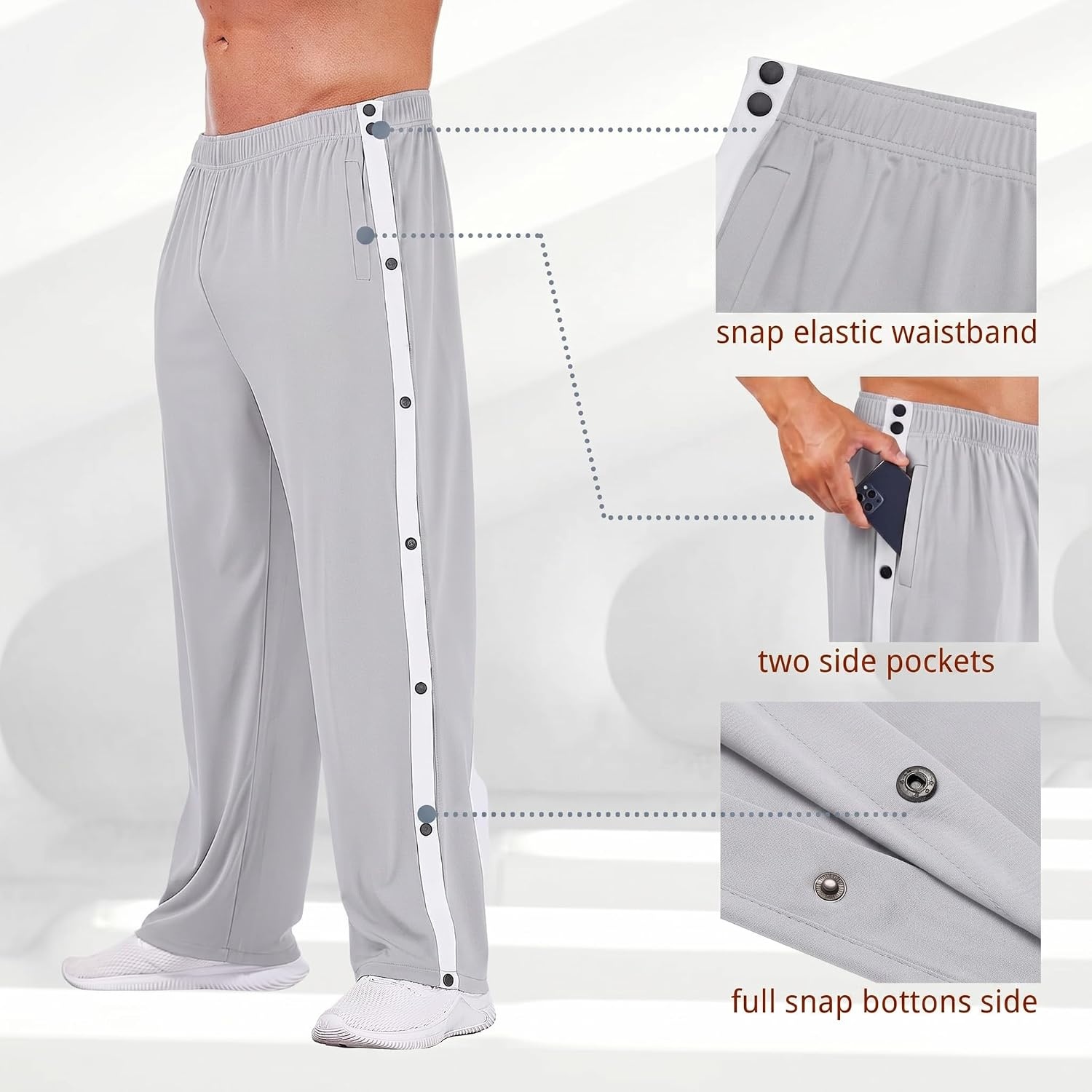 image:imageDeyeek Mens Tear Away Pants Breakaway Basketball Snap Post SurgeryGrey