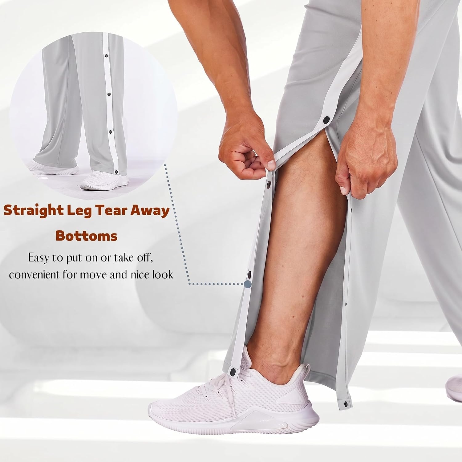 image:imageDeyeek Mens Tear Away Pants Breakaway Basketball Snap Post SurgeryGrey