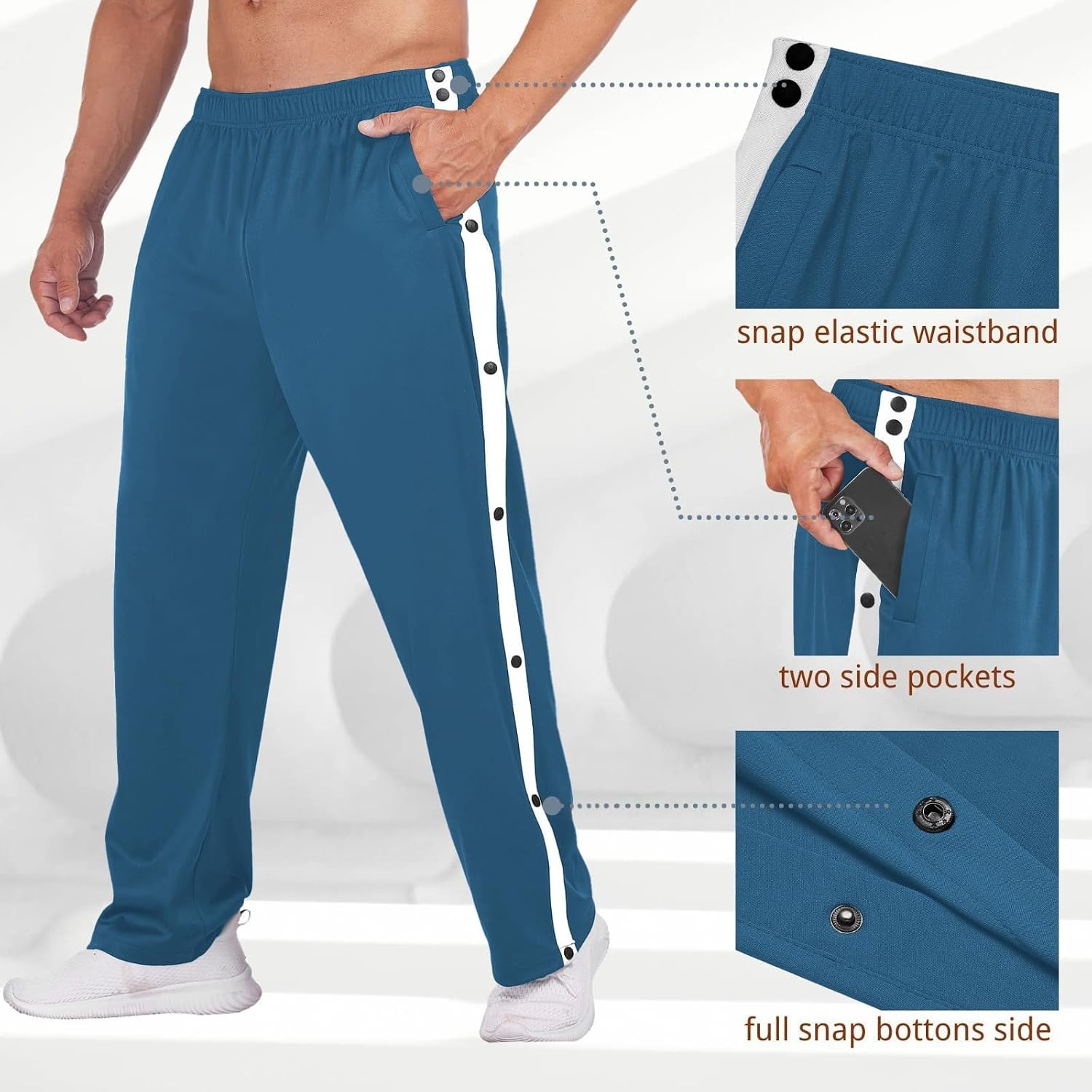 image:imageDeyeek Mens Tear Away Pants Breakaway Basketball Snap Post SurgeryLake Blue