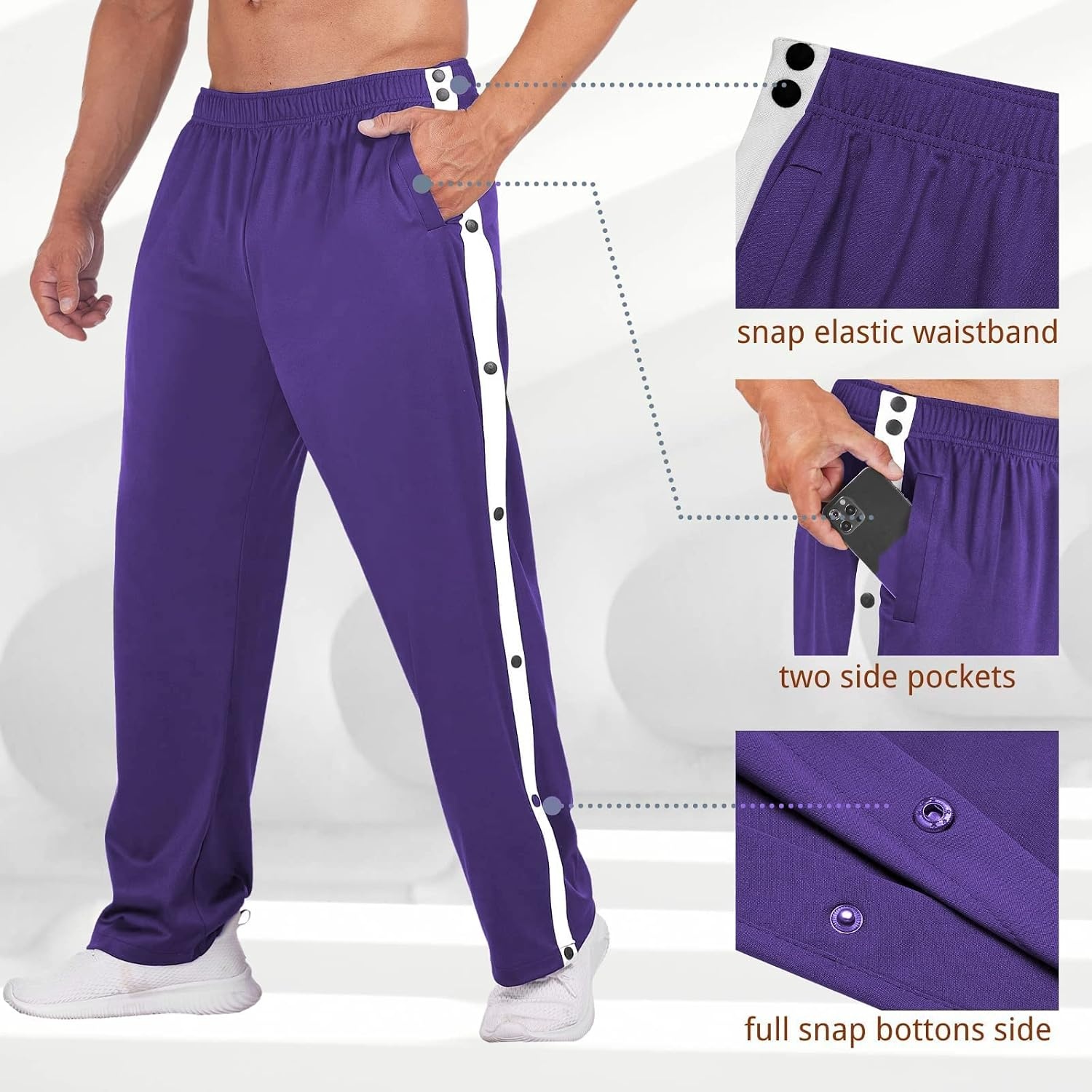 image:imageDeyeek Mens Tear Away Pants Breakaway Basketball Snap Post SurgeryPurple