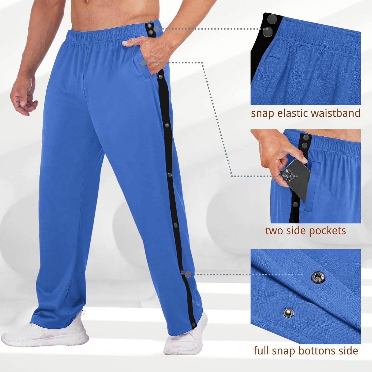 image:imageDeyeek Mens Tear Away Pants Breakaway Basketball Snap Post SurgeryRoyal Blue