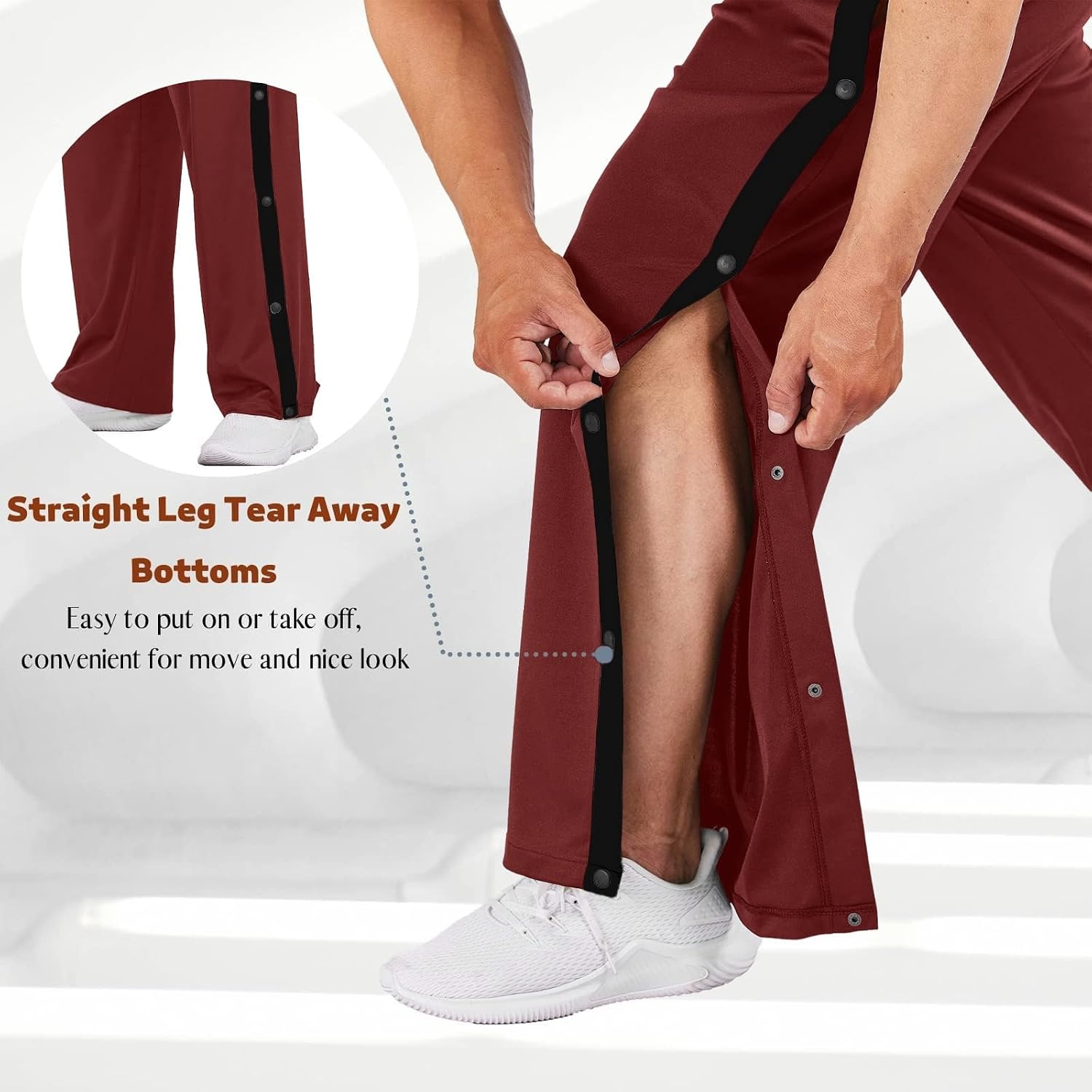 image:imageDeyeek Mens Tear Away Pants Breakaway Basketball Snap Post SurgeryWine Red