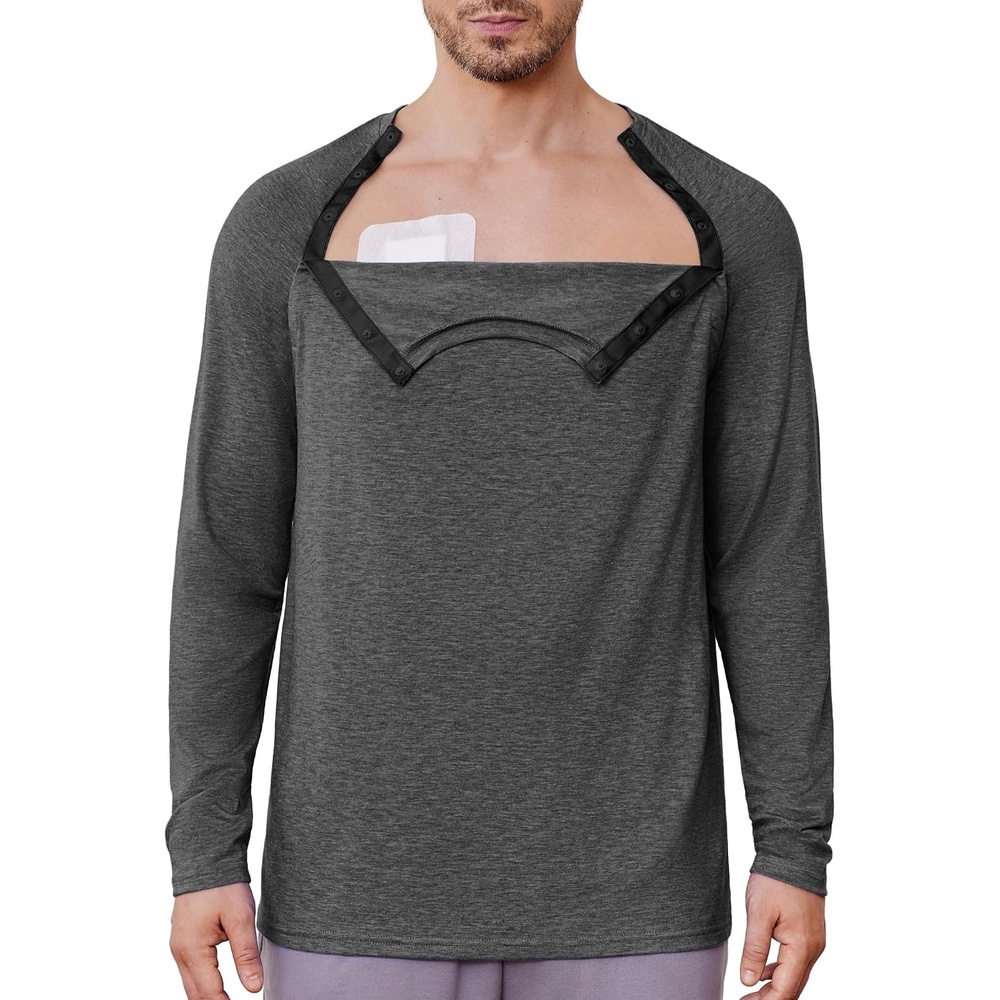 image:imageDeyeek Chemo Port Shirts for Men Side Snap Long Sleeve Port Access ShirtsDark Gray