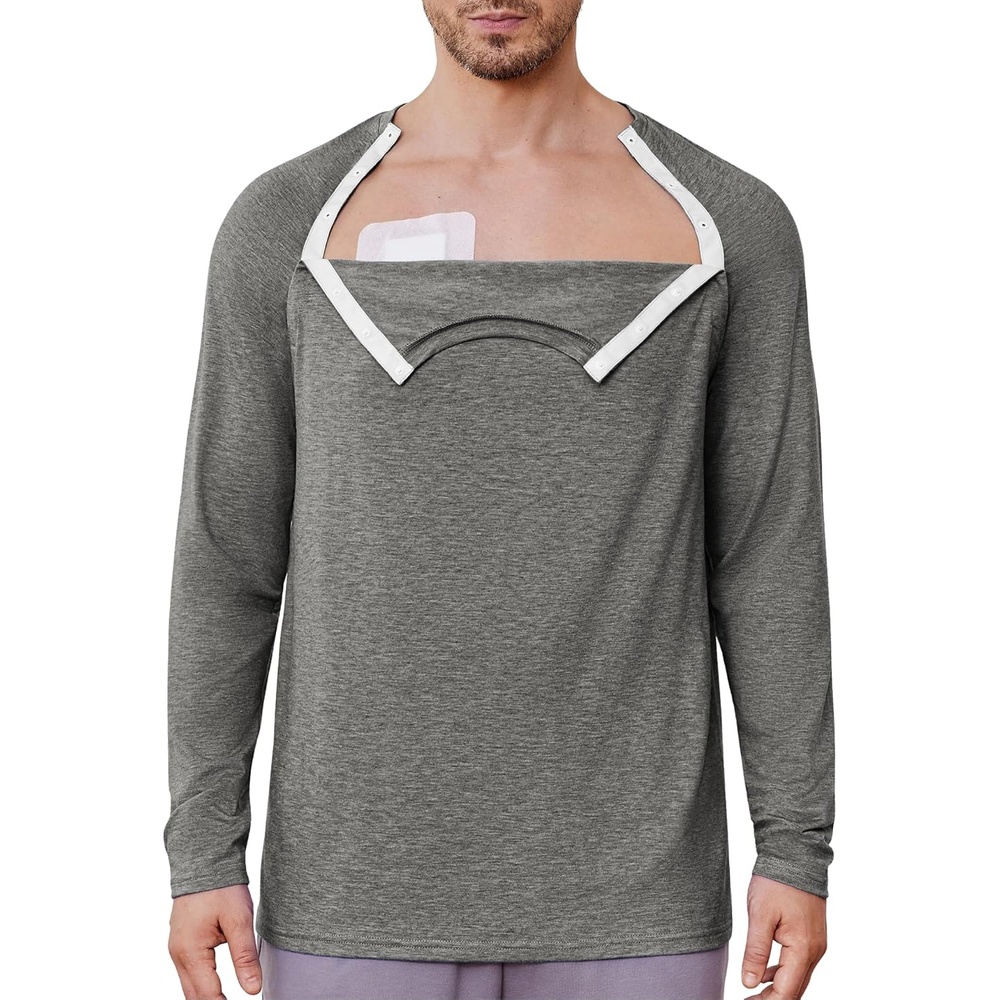 image:imageDeyeek Chemo Port Shirts for Men Side Snap Long Sleeve Port Access ShirtsLight Gray