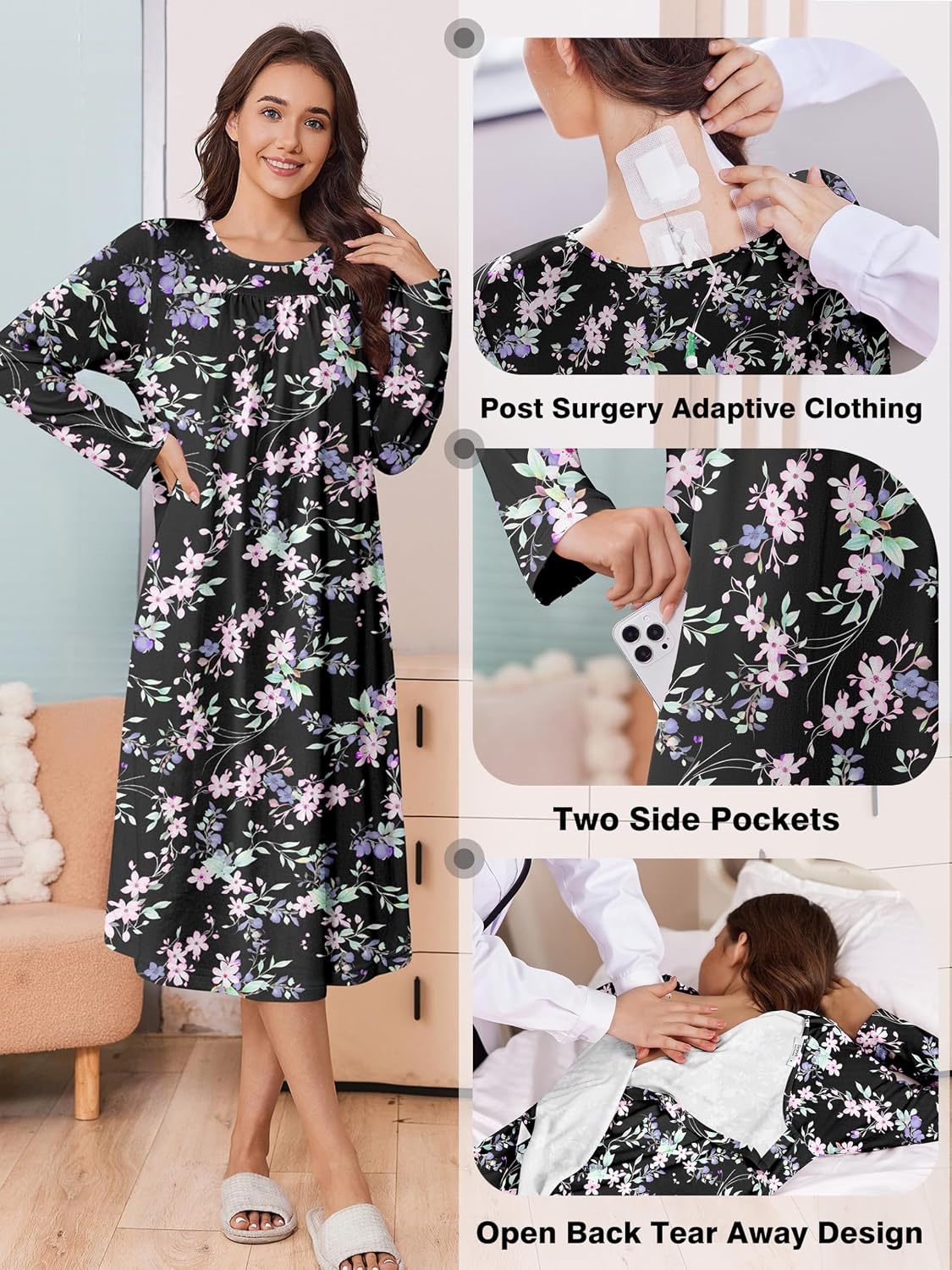 image:imageDeyeek Hospital Gowns for Women Open Back Nightgowns Elderly Adaptive DressBlack Print