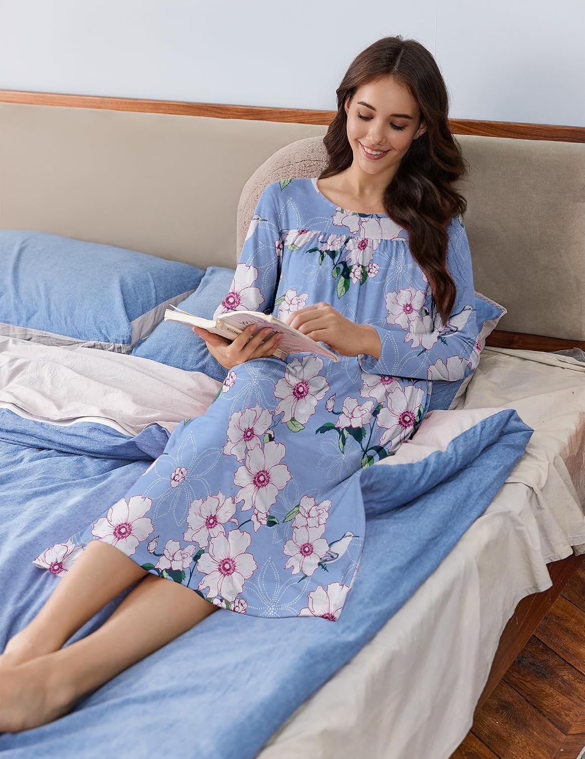 image:imageDeyeek Hospital Gowns for Women Open Back Nightgowns Elderly Adaptive DressBlue Print