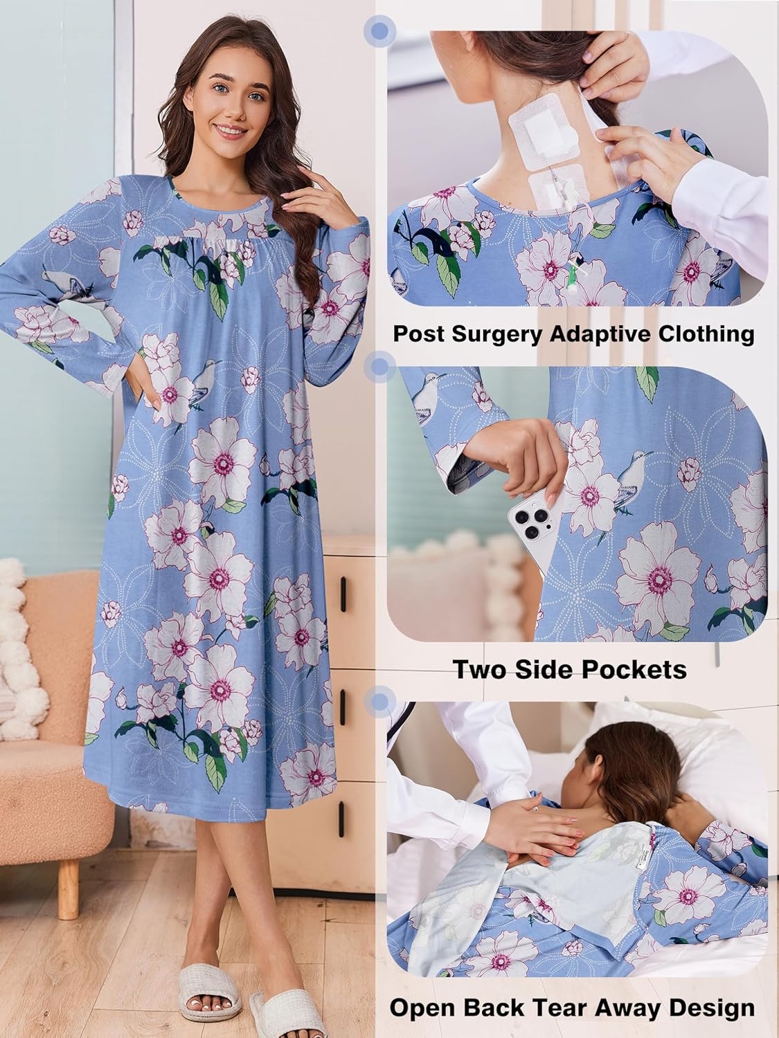 image:imageDeyeek Hospital Gowns for Women Open Back Nightgowns Elderly Adaptive DressBlue Print