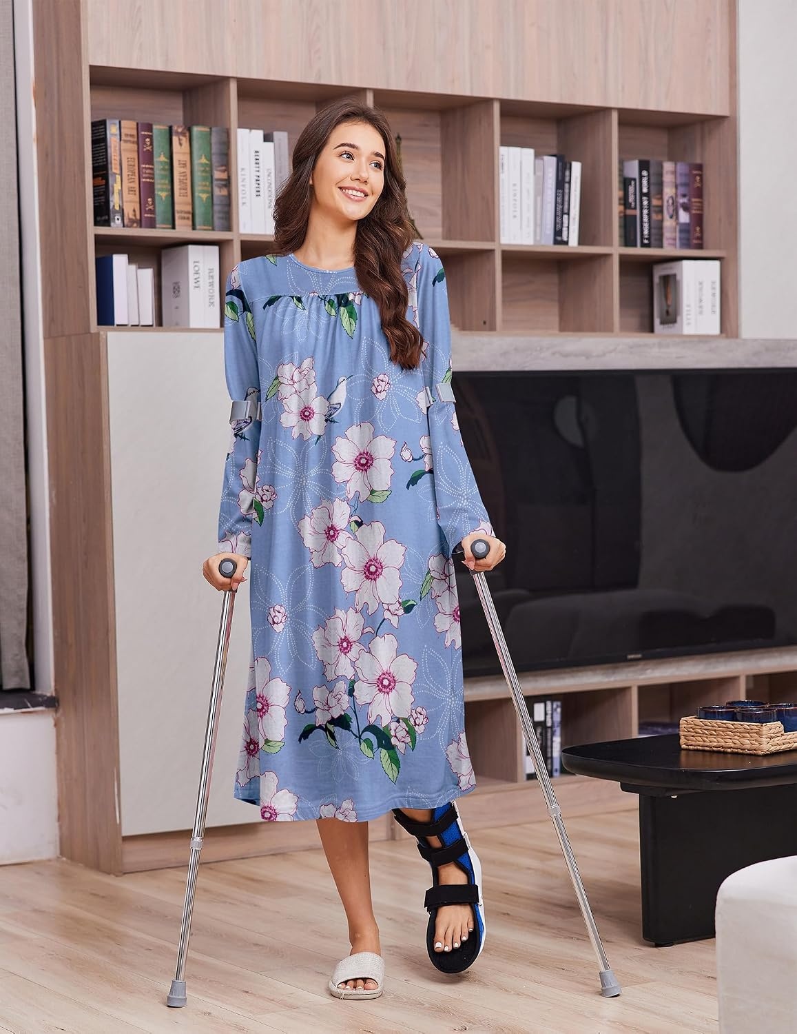 image:imageDeyeek Hospital Gowns for Women Open Back Nightgowns Elderly Adaptive DressBlue Print