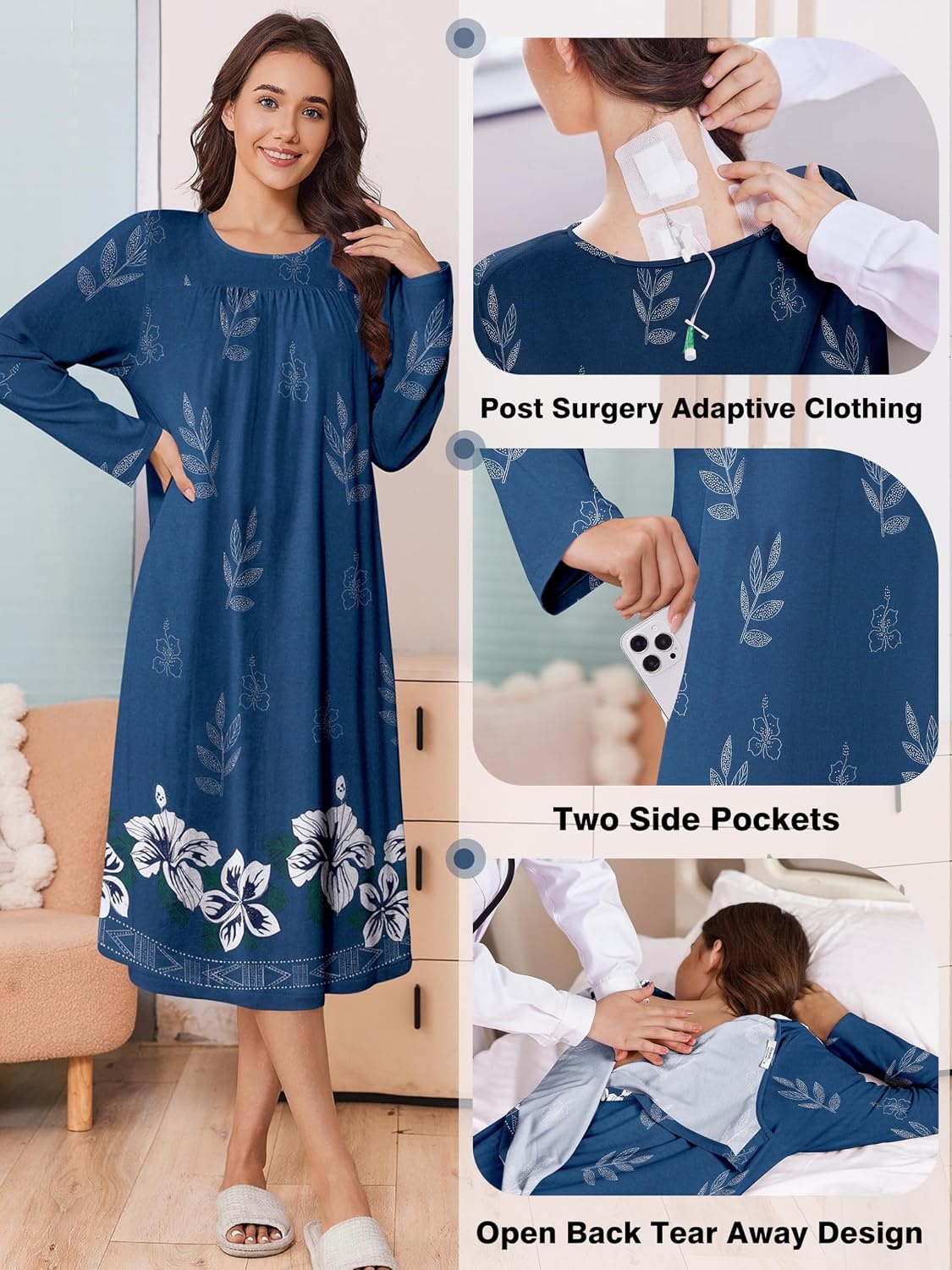 image:imageDeyeek Hospital Gowns for Women Open Back Nightgowns Elderly Adaptive DressDark Blue Print