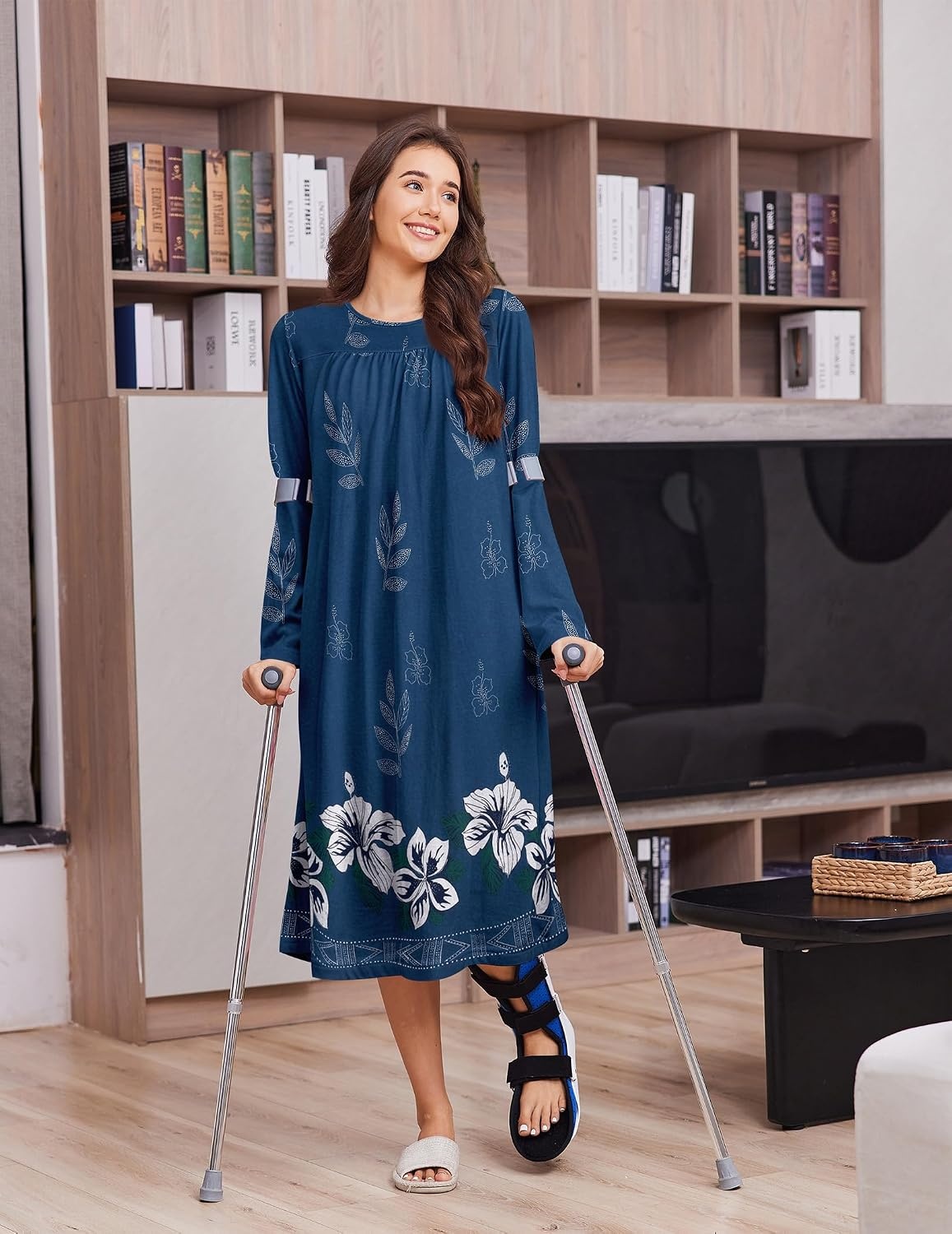 image:imageDeyeek Hospital Gowns for Women Open Back Nightgowns Elderly Adaptive DressDark Blue Print