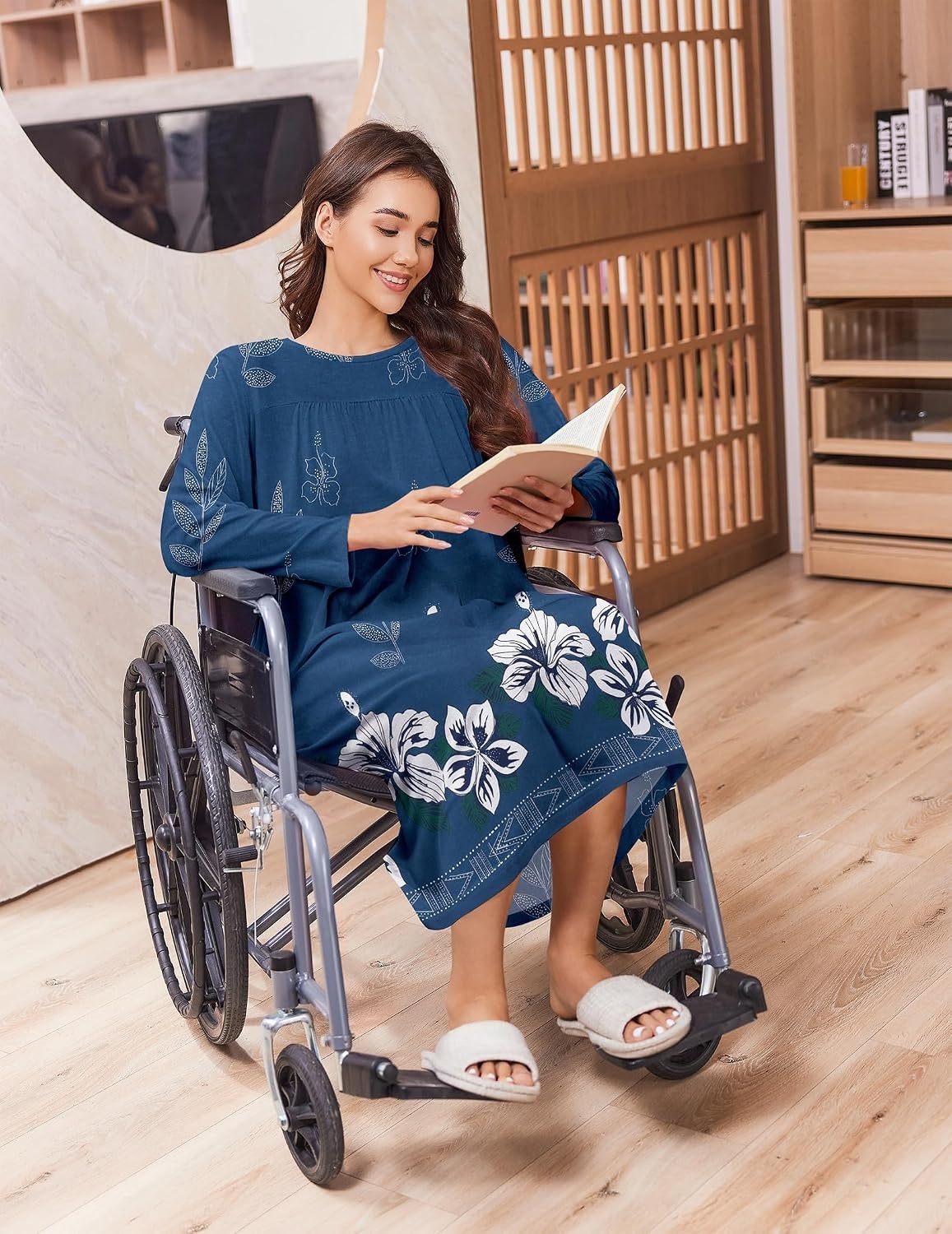 image:imageDeyeek Hospital Gowns for Women Open Back Nightgowns Elderly Adaptive DressDark Blue Print