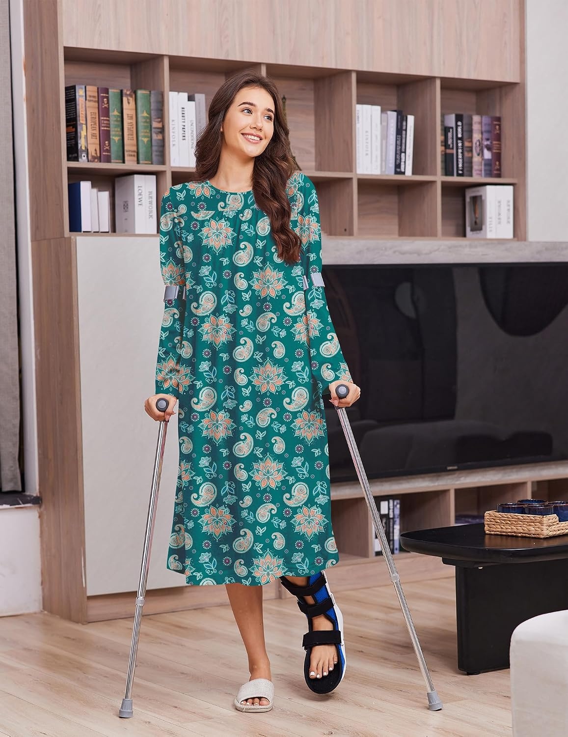 image:imageDeyeek Hospital Gowns for Women Open Back Nightgowns Elderly Adaptive DressDeep Green Print
