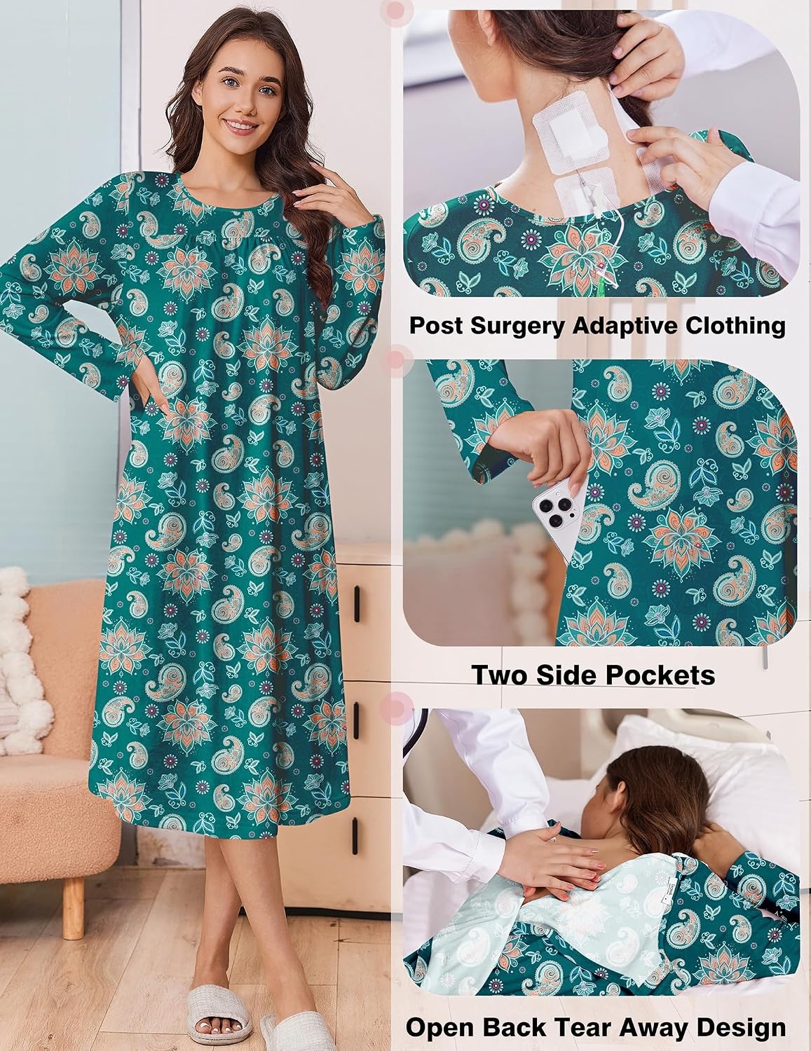 image:imageDeyeek Hospital Gowns for Women Open Back Nightgowns Elderly Adaptive DressDeep Green Print