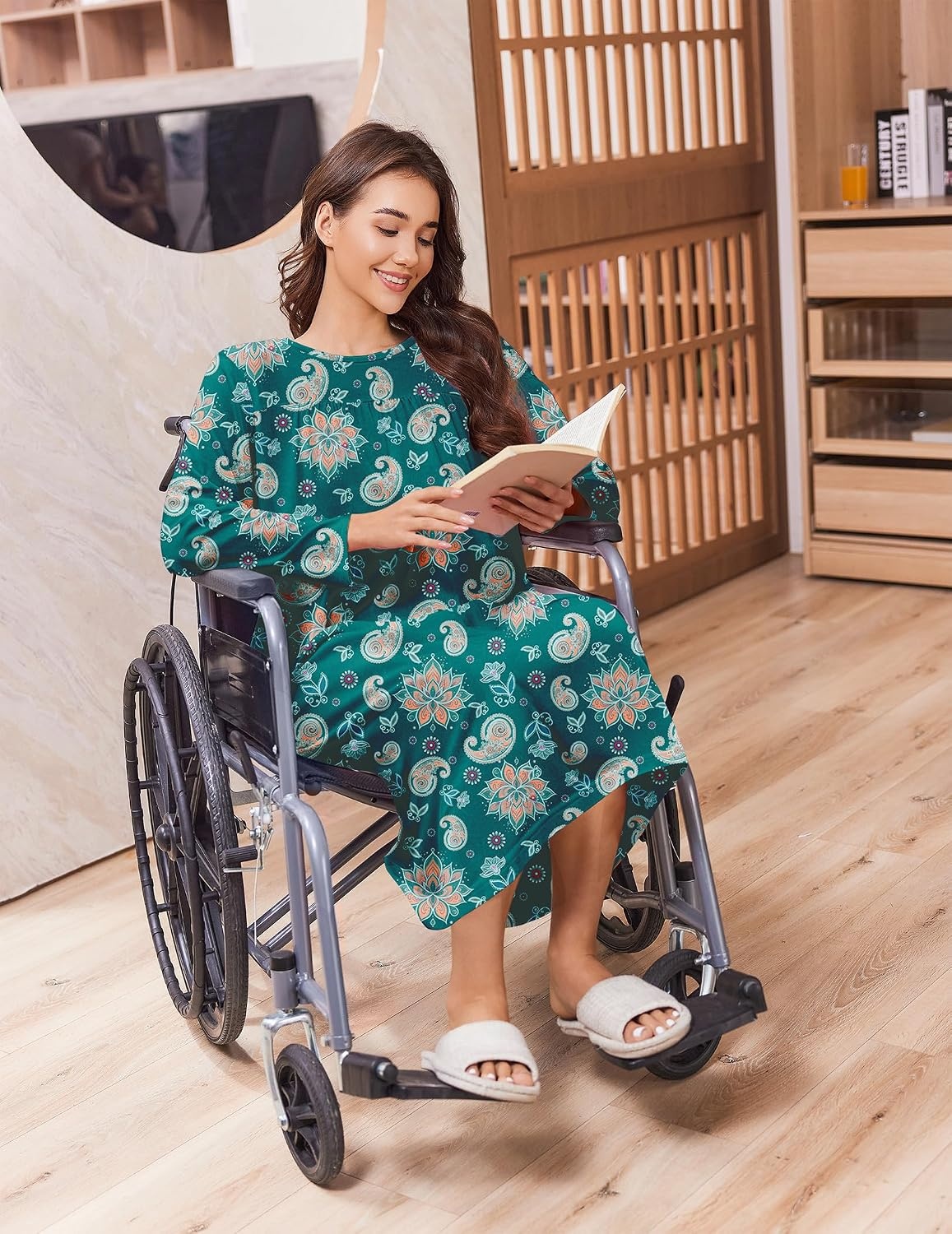 image:imageDeyeek Hospital Gowns for Women Open Back Nightgowns Elderly Adaptive DressDeep Green Print
