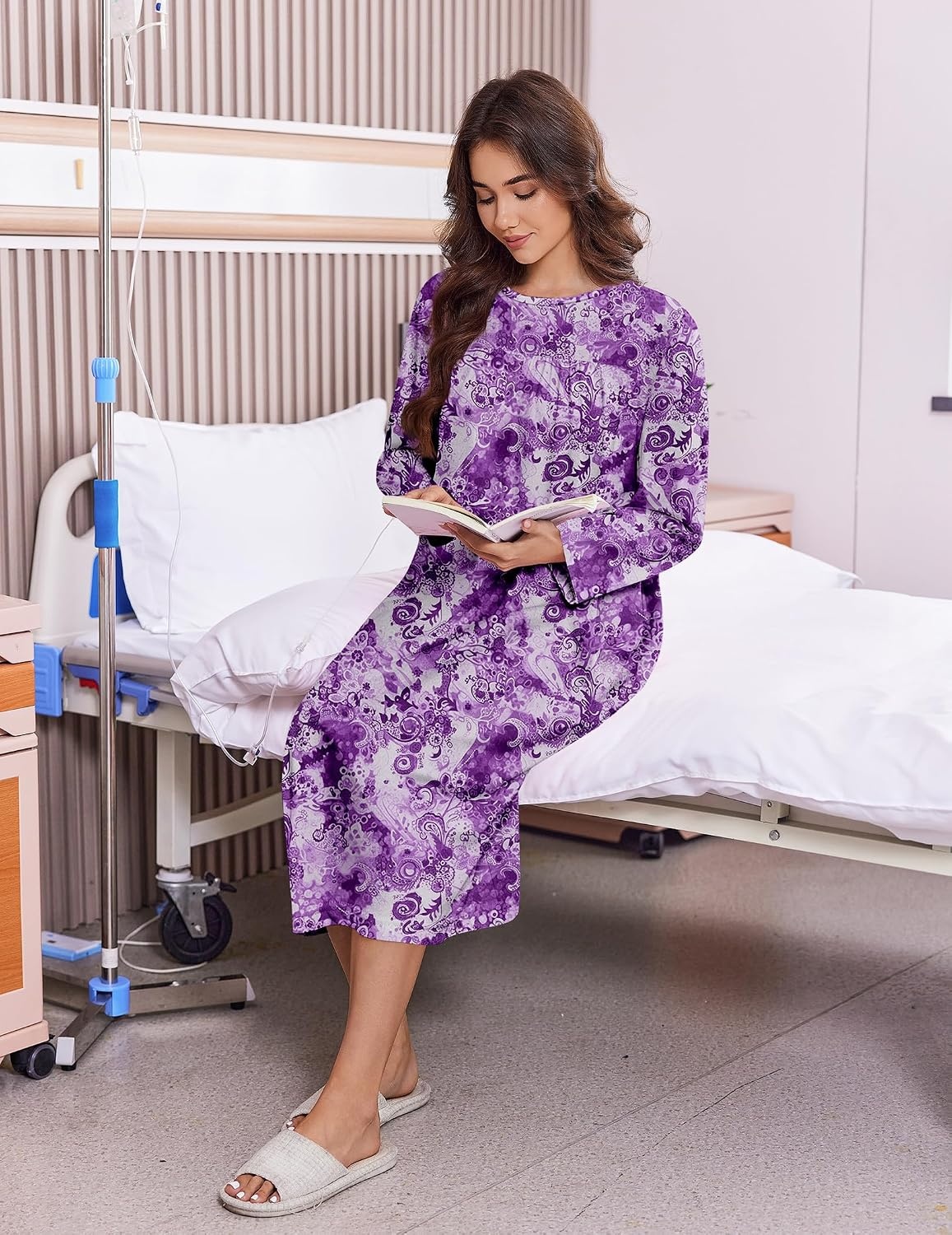 image:imageDeyeek Hospital Gowns for Women Open Back Nightgowns Elderly Adaptive DressDeep Purple Print