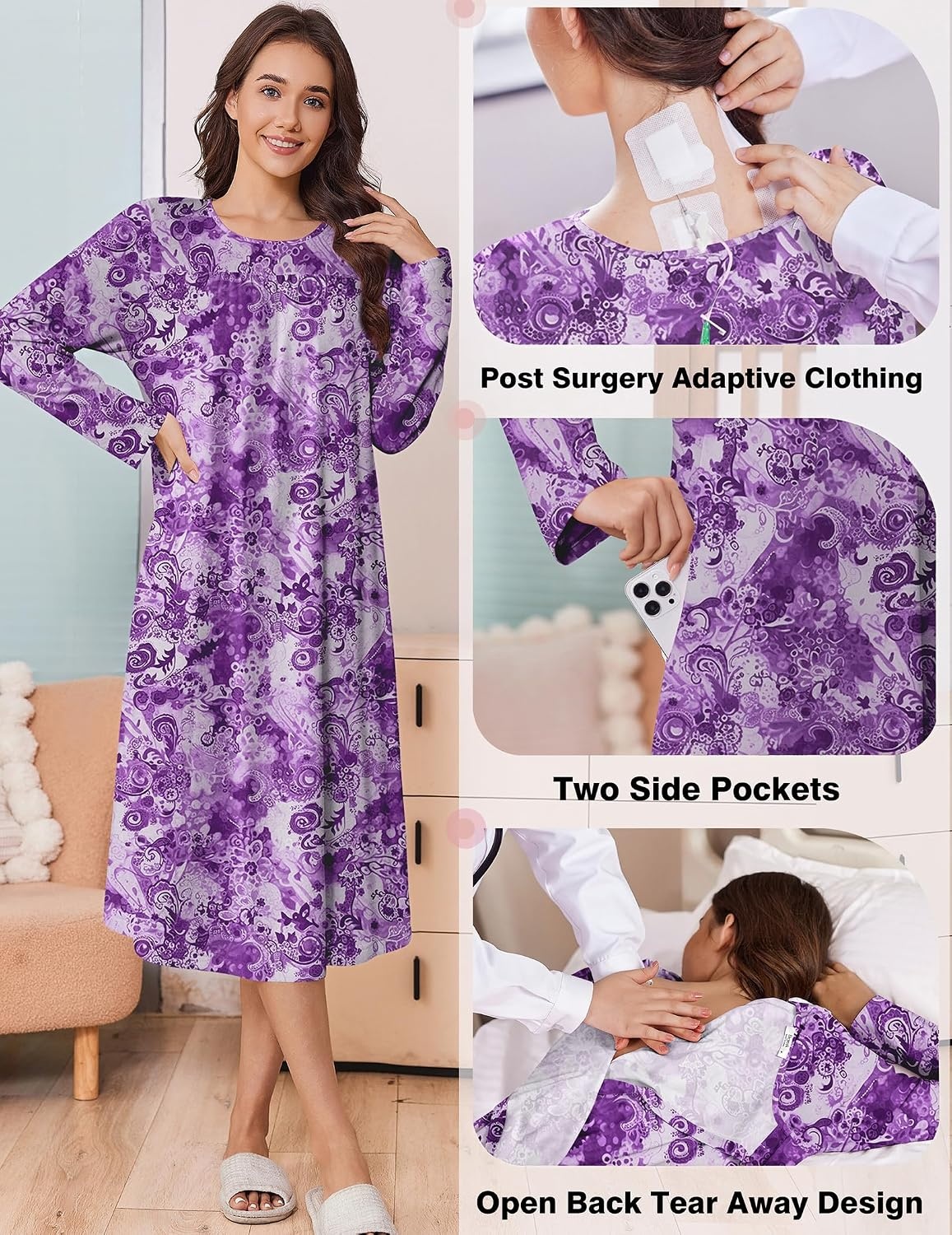 image:imageDeyeek Hospital Gowns for Women Open Back Nightgowns Elderly Adaptive DressDeep Purple Print