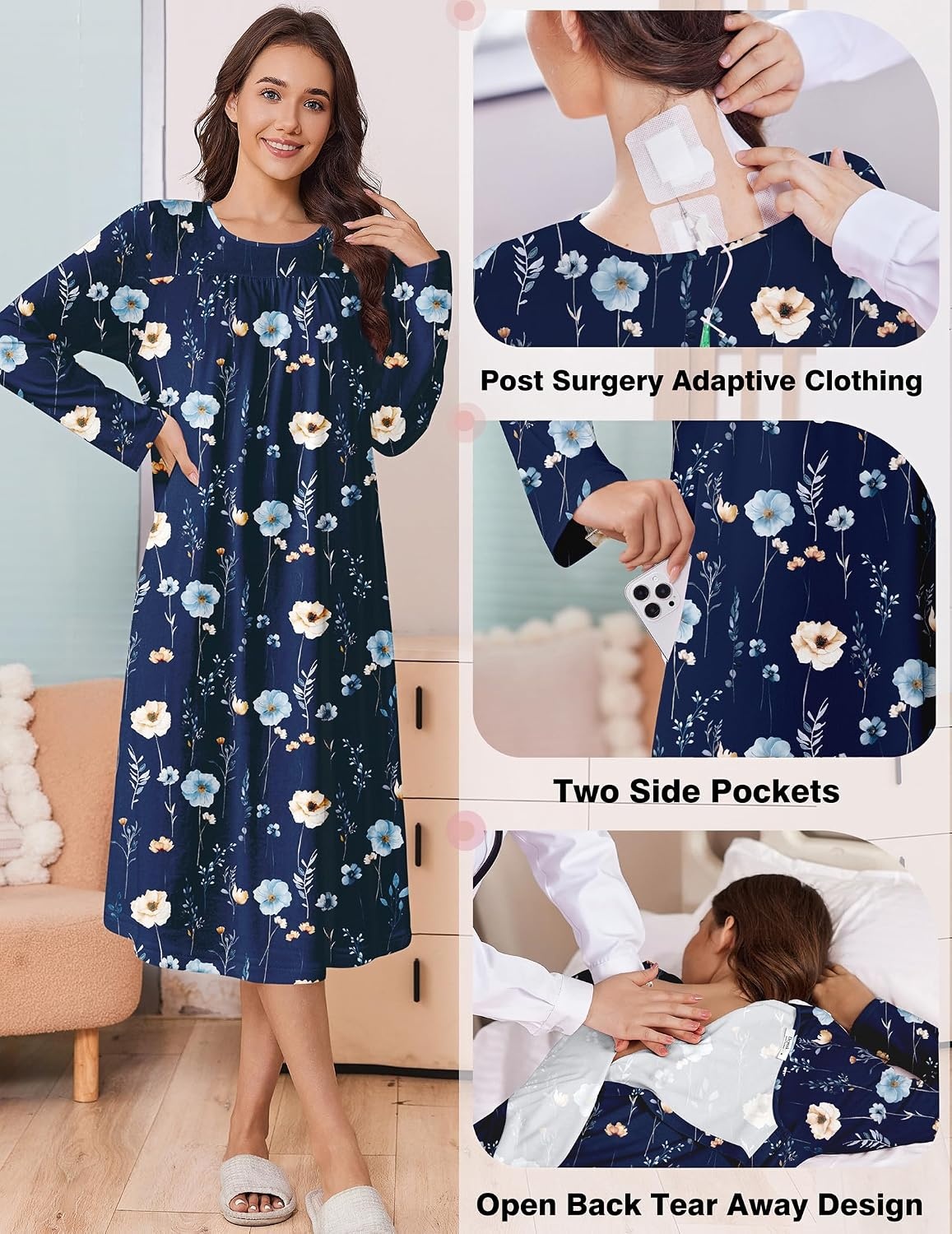 image:imageDeyeek Hospital Gowns for Women Open Back Nightgowns Elderly Adaptive DressNavy Print