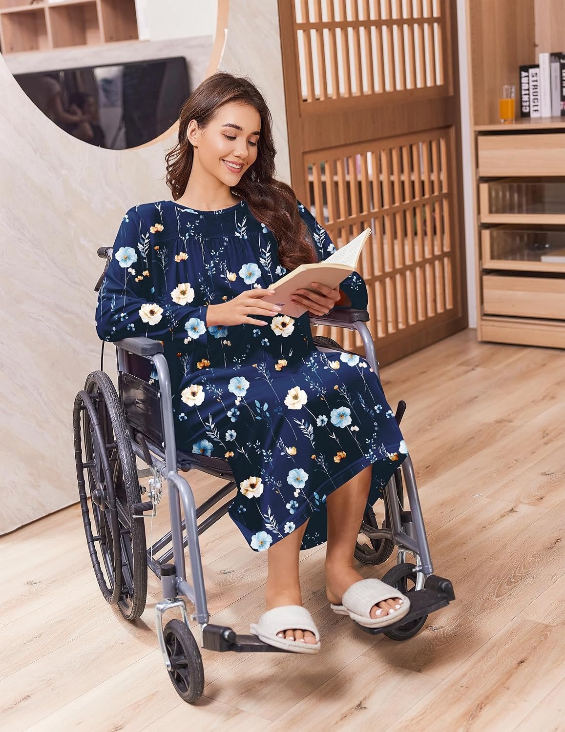 image:imageDeyeek Hospital Gowns for Women Open Back Nightgowns Elderly Adaptive DressNavy Print