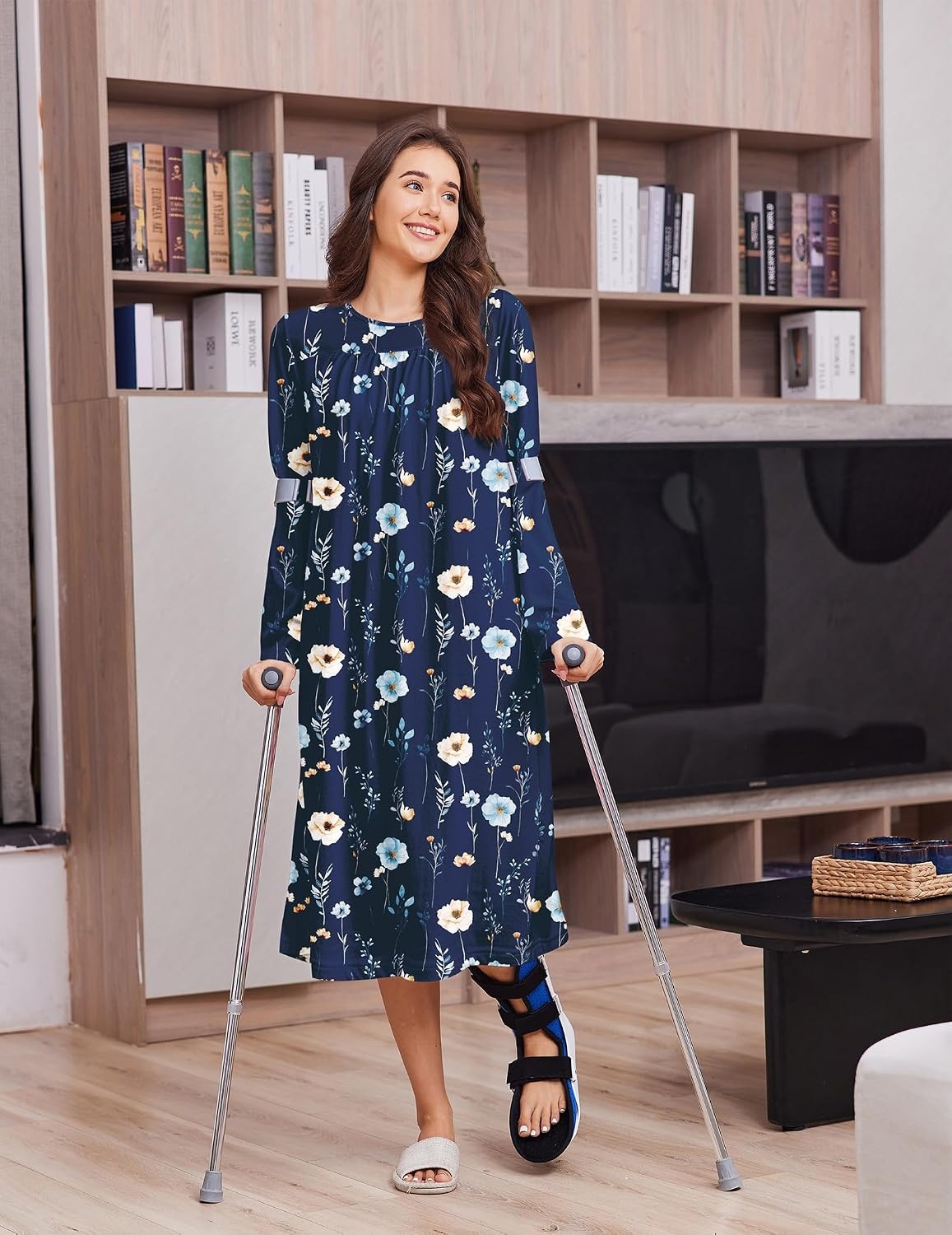 image:imageDeyeek Hospital Gowns for Women Open Back Nightgowns Elderly Adaptive DressNavy Print