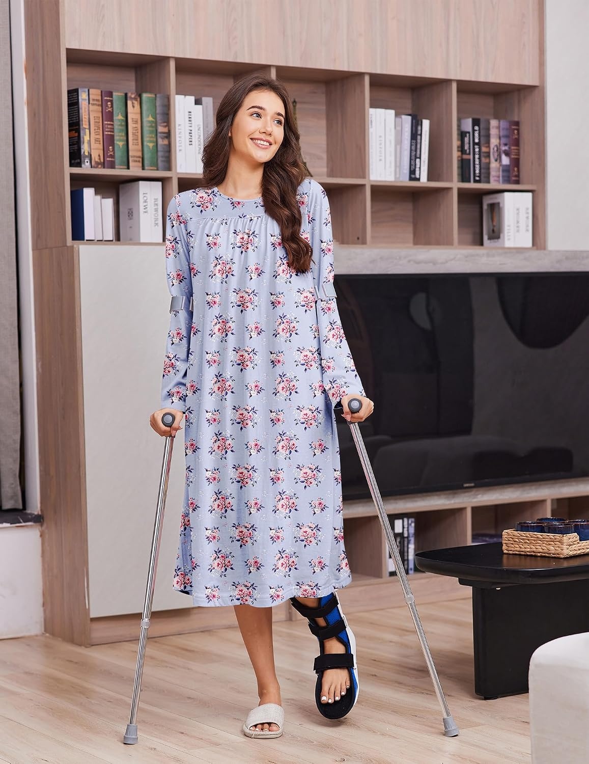 image:imageDeyeek Hospital Gowns for Women Open Back Nightgowns Elderly Adaptive DressPurple Flower Print