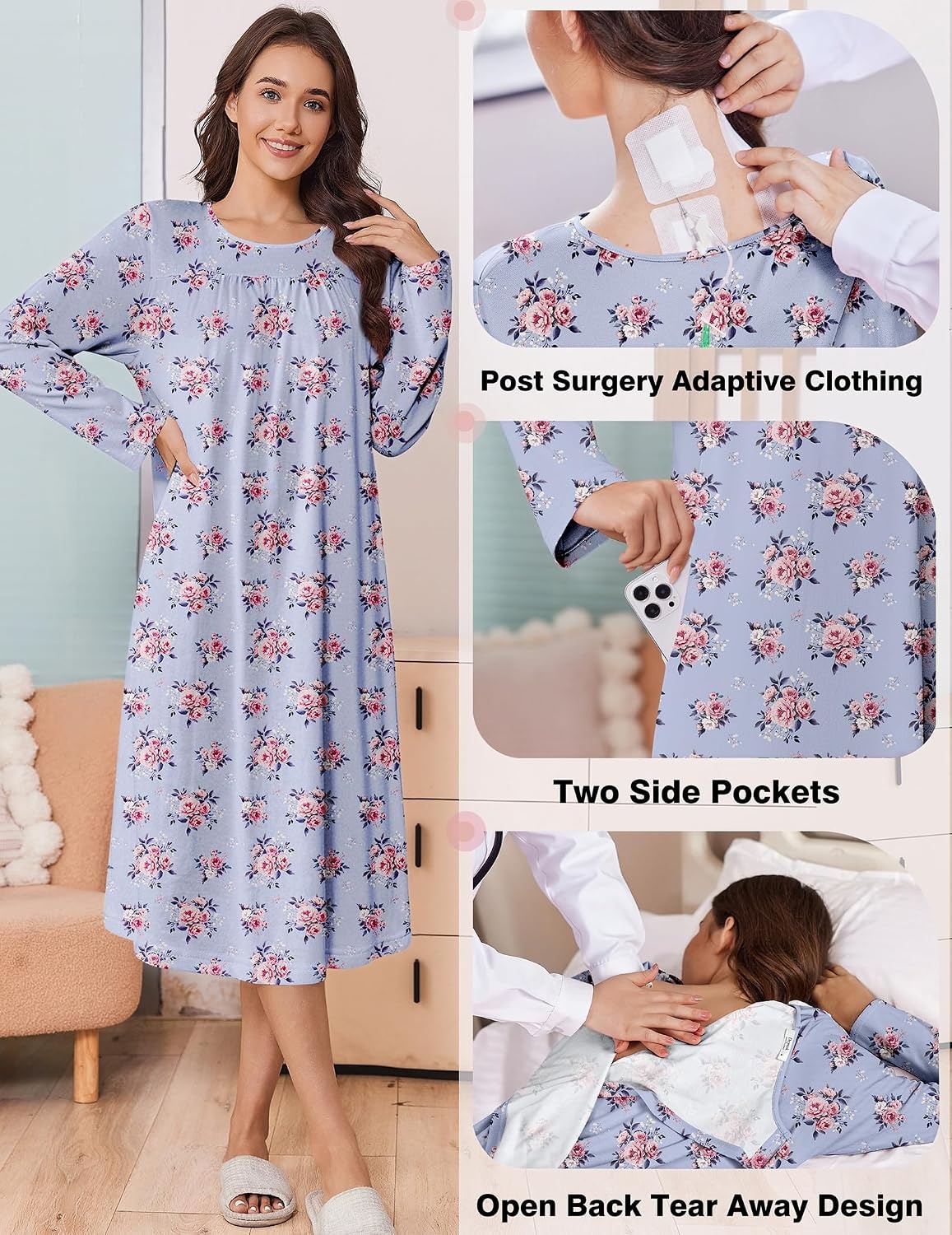 image:imageDeyeek Hospital Gowns for Women Open Back Nightgowns Elderly Adaptive DressPurple Flower Print