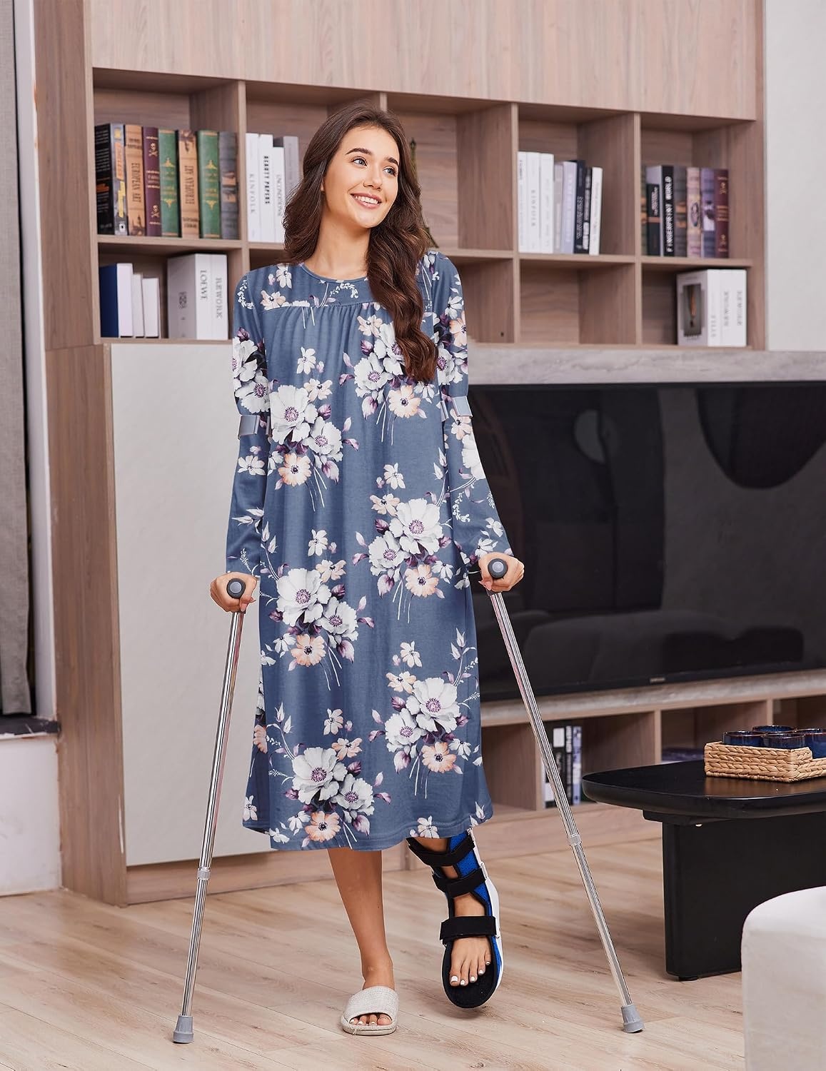 image:imageDeyeek Hospital Gowns for Women Open Back Nightgowns Elderly Adaptive DressPurple Print