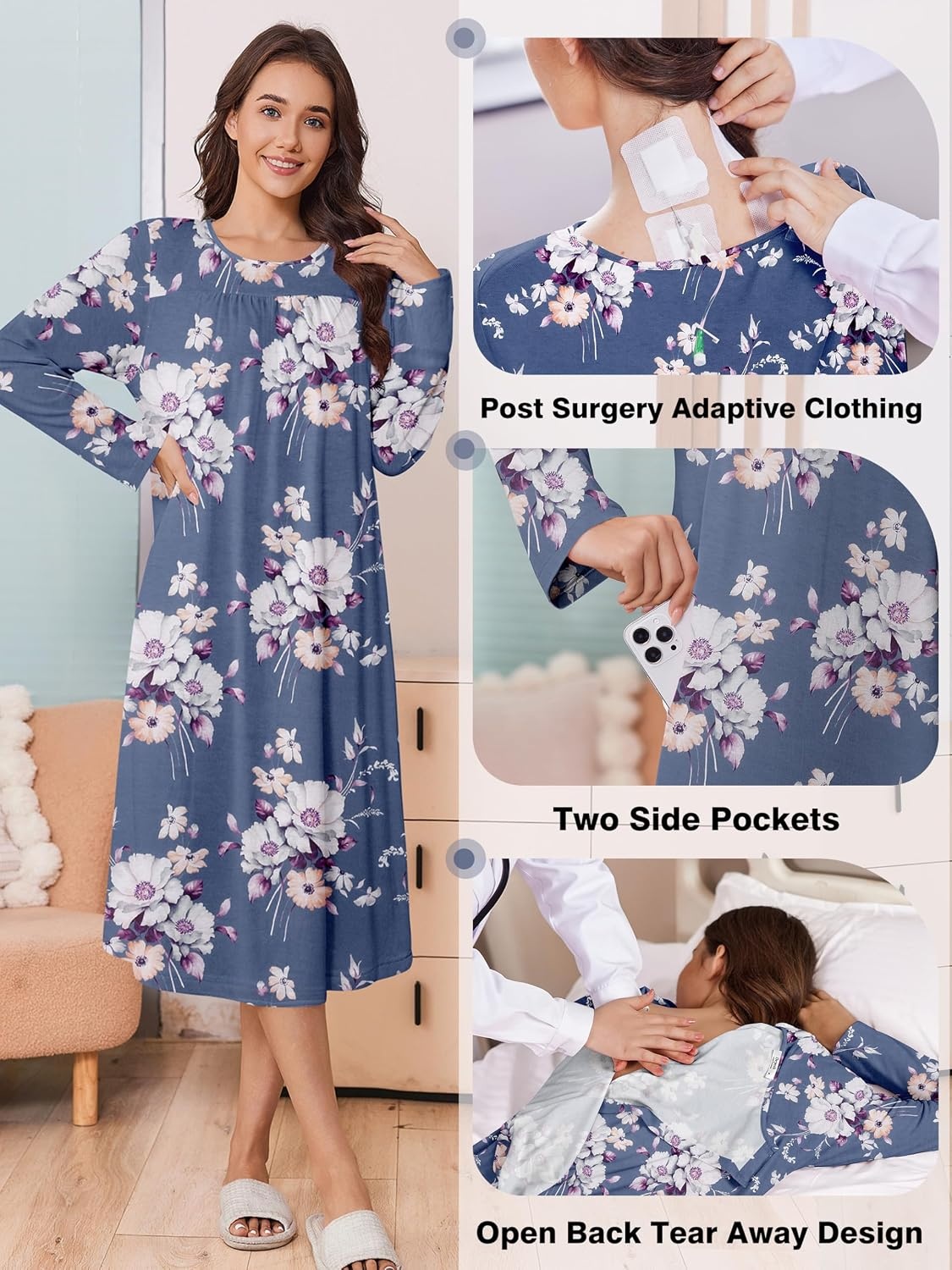 image:imageDeyeek Hospital Gowns for Women Open Back Nightgowns Elderly Adaptive DressPurple Print