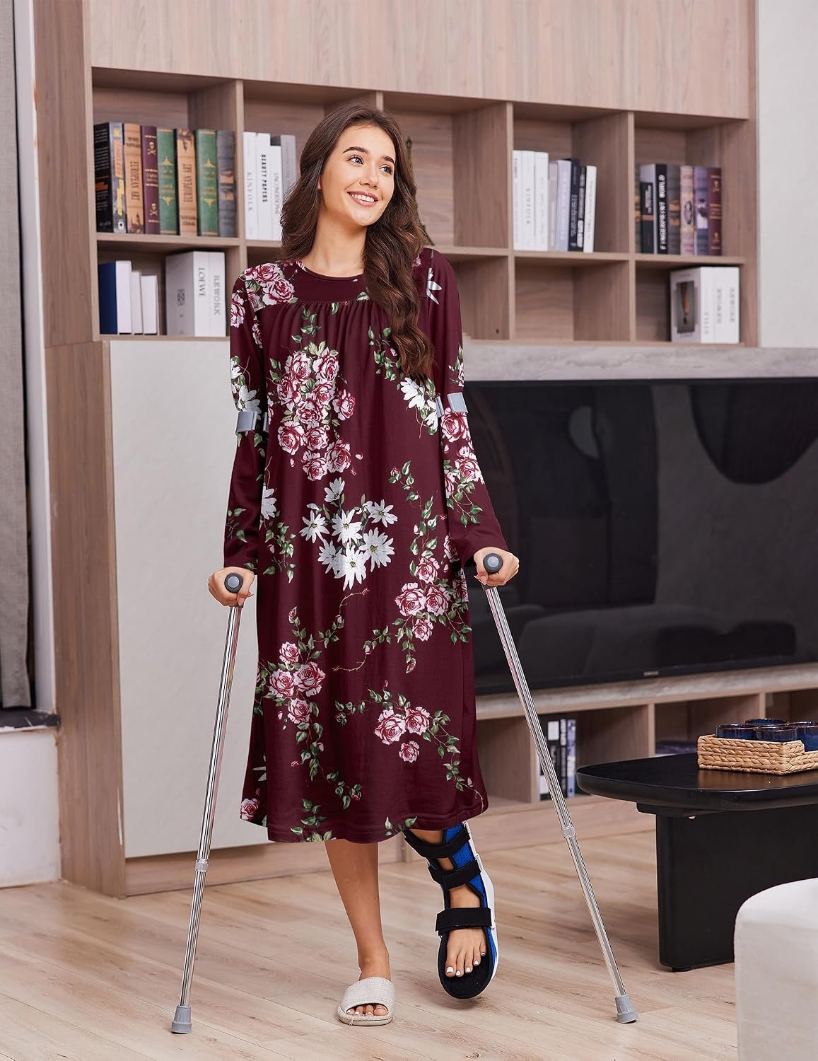 image:imageDeyeek Hospital Gowns for Women Open Back Nightgowns Elderly Adaptive DressRed Print