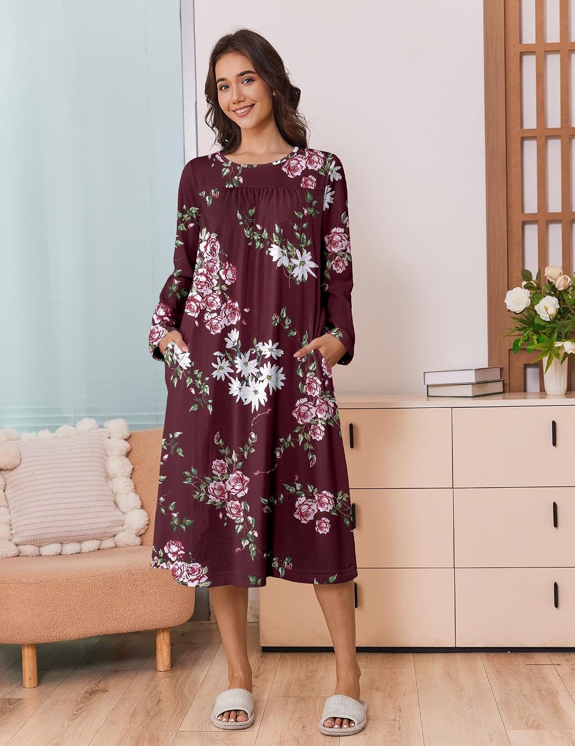 image:imageDeyeek Hospital Gowns for Women Open Back Nightgowns Elderly Adaptive DressRed Print