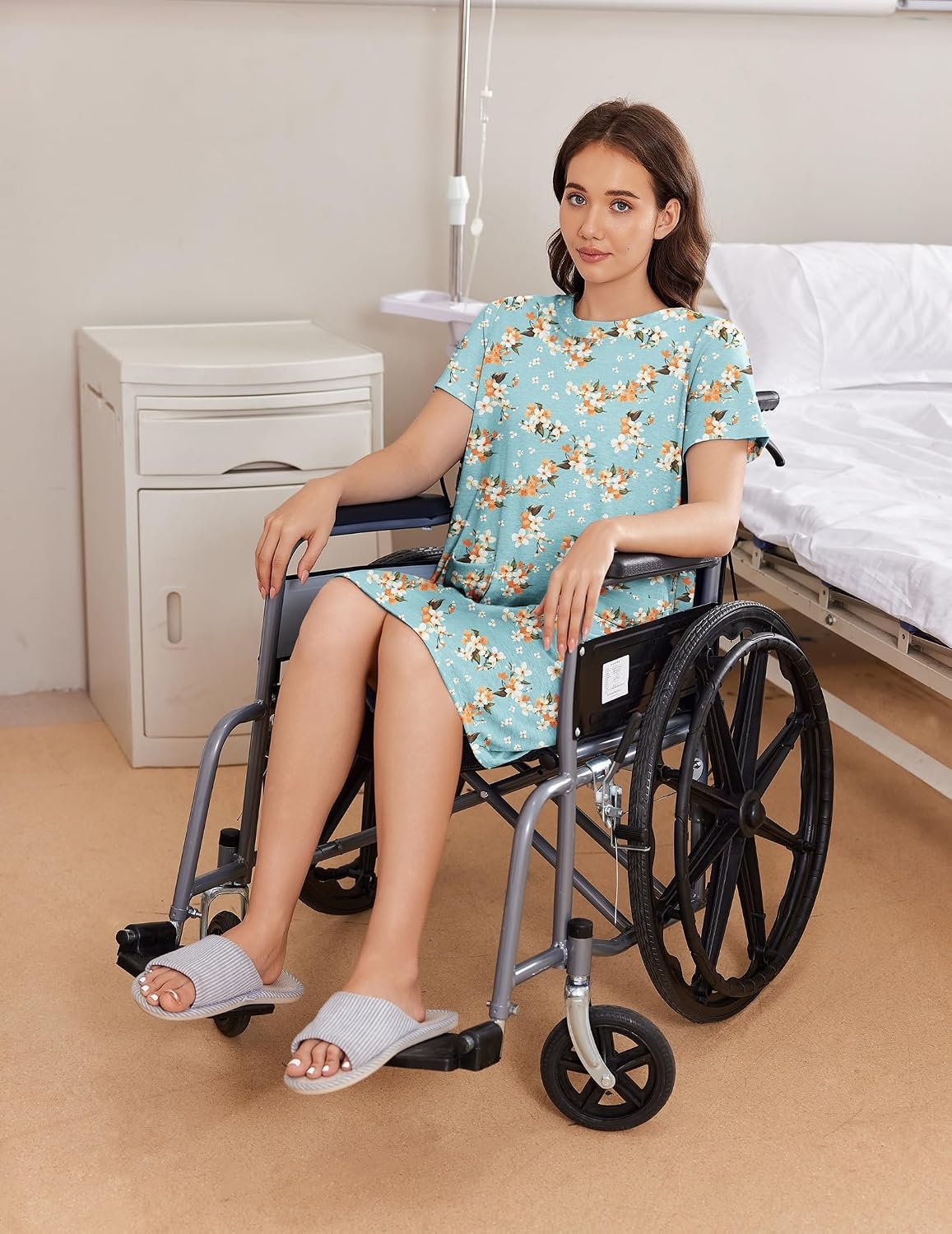 image:imageDeyeek Hospital Gowns for Women Open Back Tear Away Snap Nursing DressGreen Print