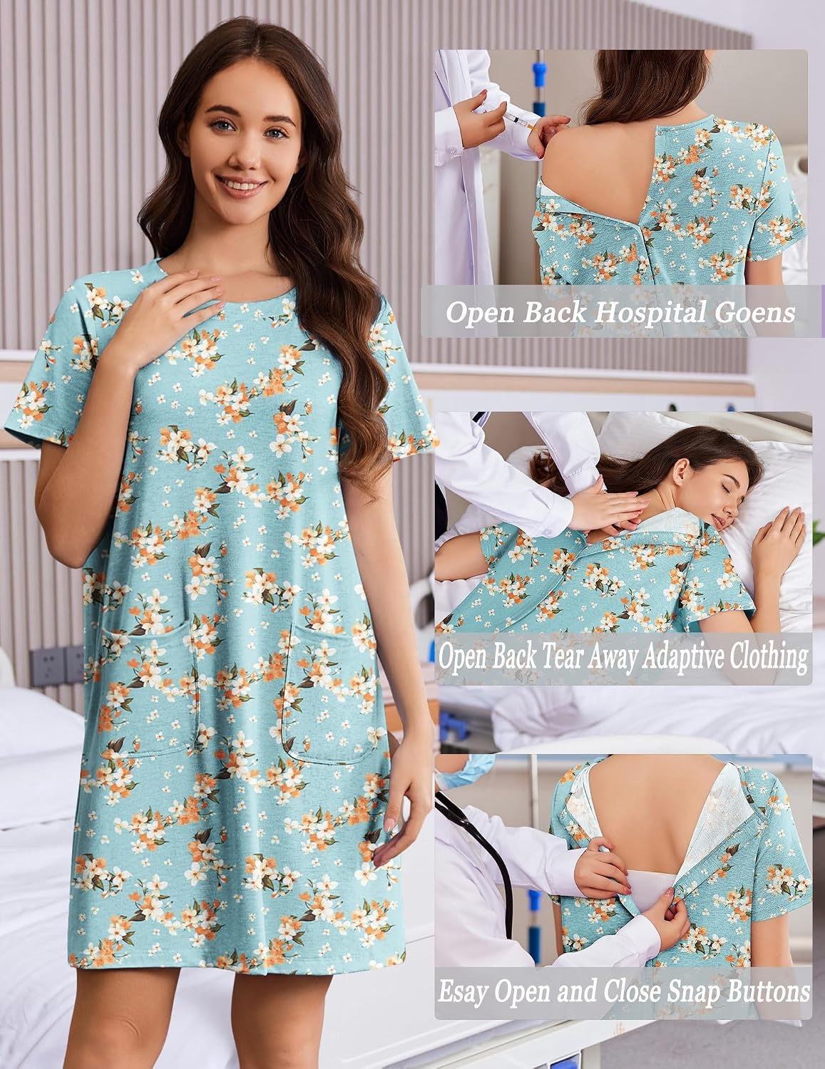 image:imageDeyeek Hospital Gowns for Women Open Back Tear Away Snap Nursing DressGreen Print