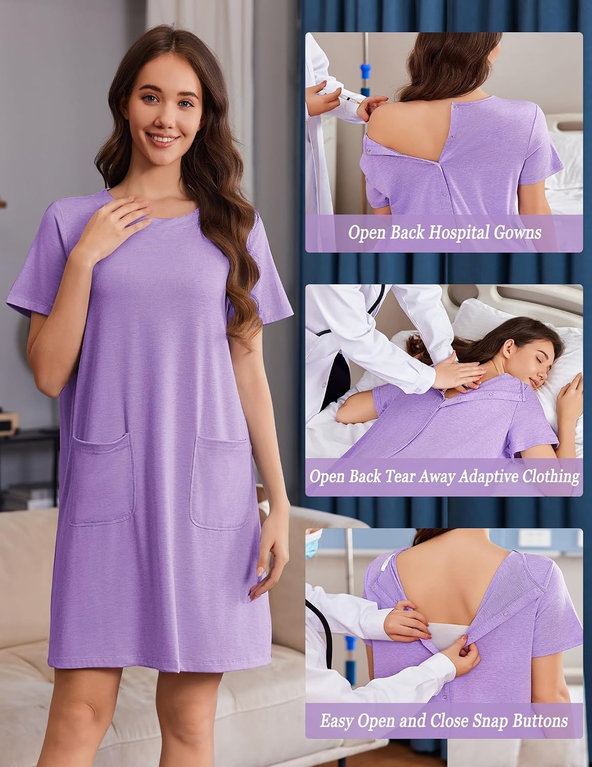image:imageDeyeek Hospital Gowns for Women Open Back Tear Away Snap Nursing DressPurple
