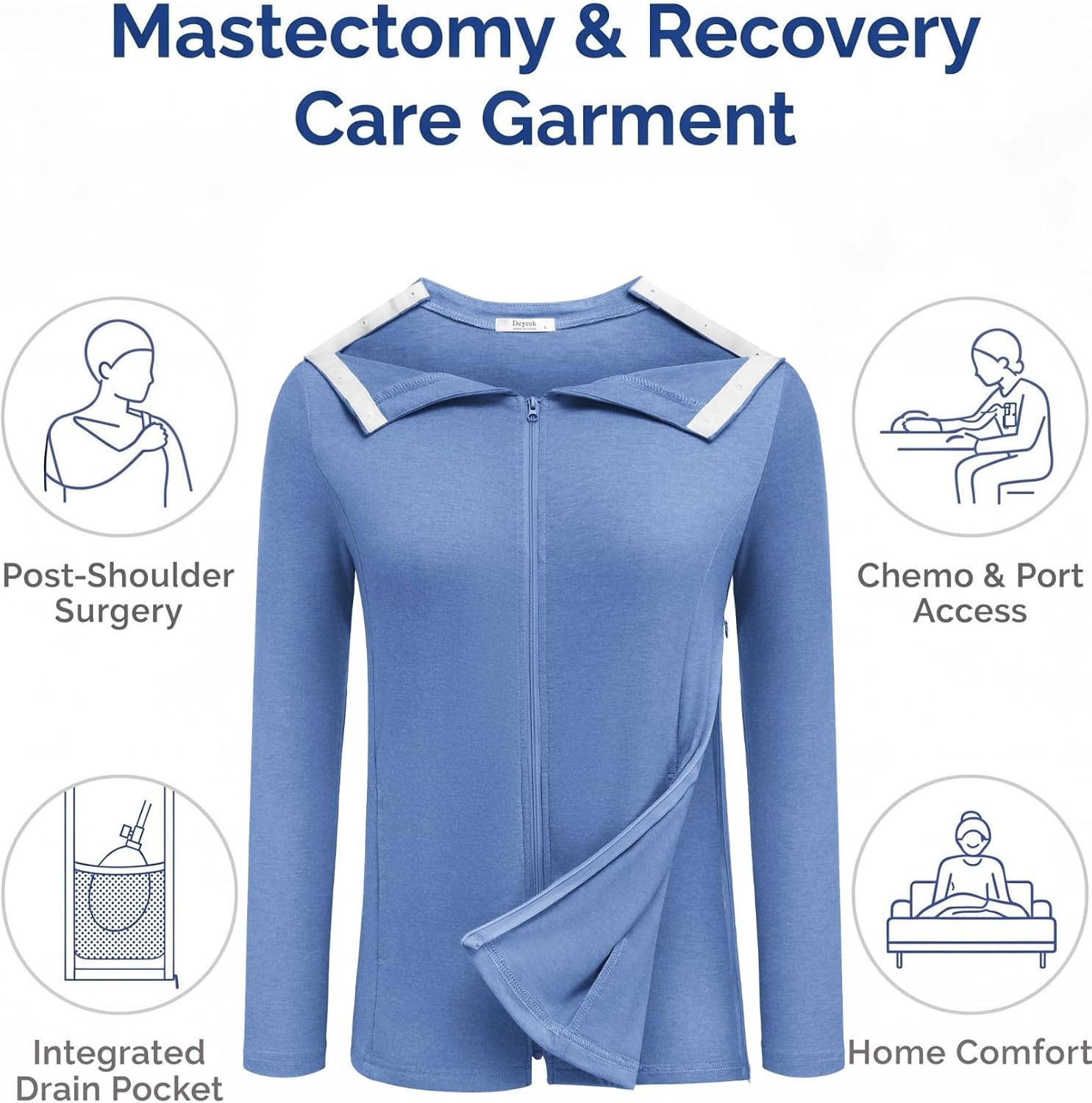 image:imageDeyeek Mastectomy Shirts with Drain Pockets Post Shoulder Surgery Tops for Women Chemo Port Long Sleeve with ZippersBlue