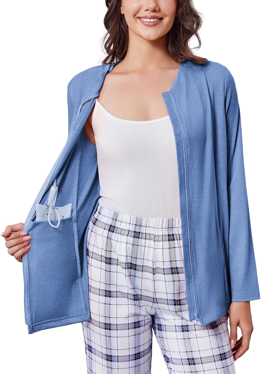 image:imageDeyeek Mastectomy Shirts with Drain Pockets Post Shoulder Surgery Tops for Women Chemo Port Long Sleeve with ZippersBlue
