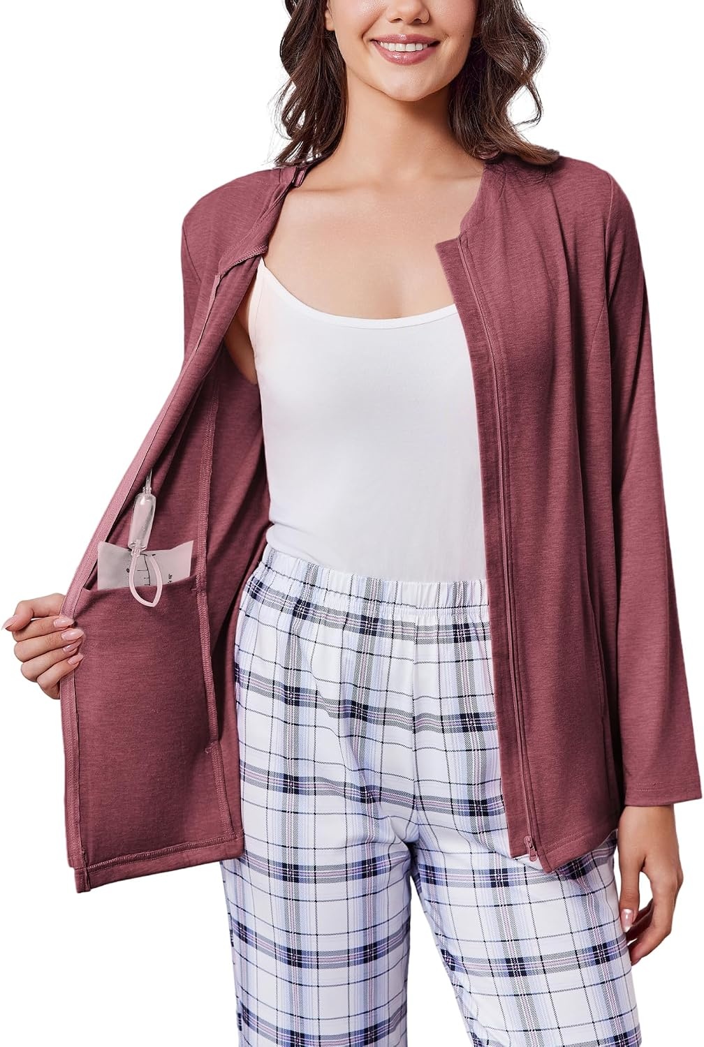 image:imageDeyeek Mastectomy Shirts with Drain Pockets Post Shoulder Surgery Tops for Women Chemo Port Long Sleeve with ZippersBurgundy