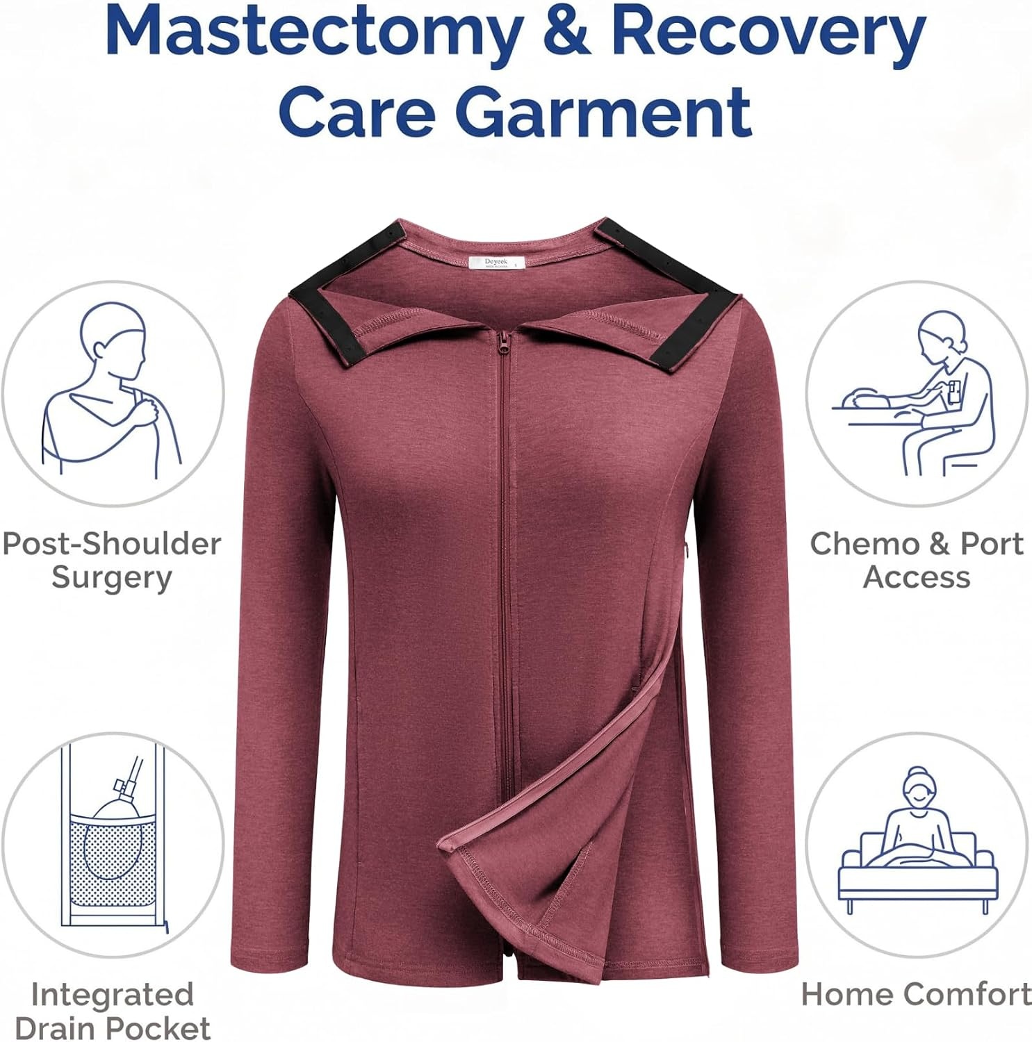 image:imageDeyeek Mastectomy Shirts with Drain Pockets Post Shoulder Surgery Tops for Women Chemo Port Long Sleeve with ZippersBurgundy