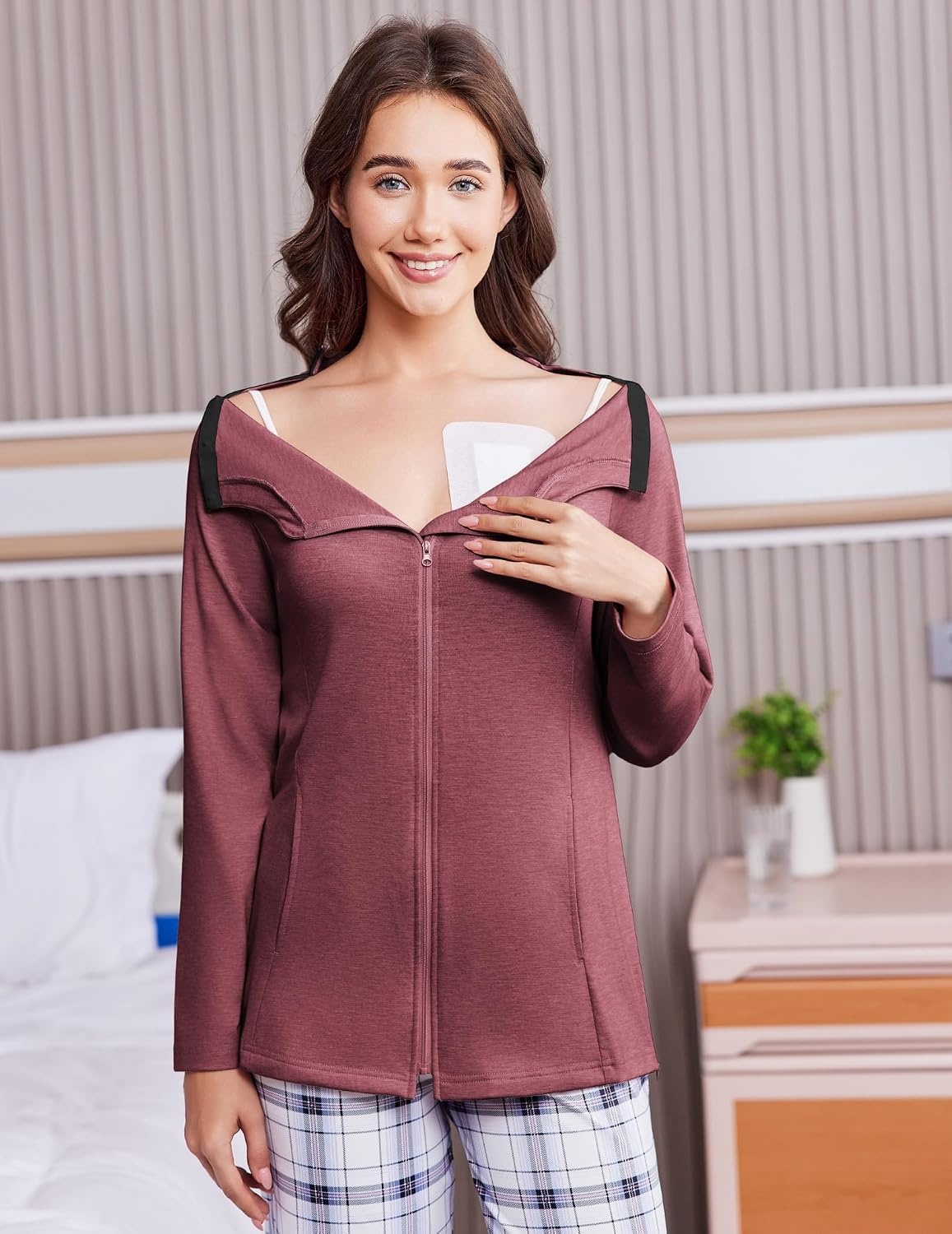 image:imageDeyeek Mastectomy Shirts with Drain Pockets Post Shoulder Surgery Tops for Women Chemo Port Long Sleeve with ZippersBurgundy