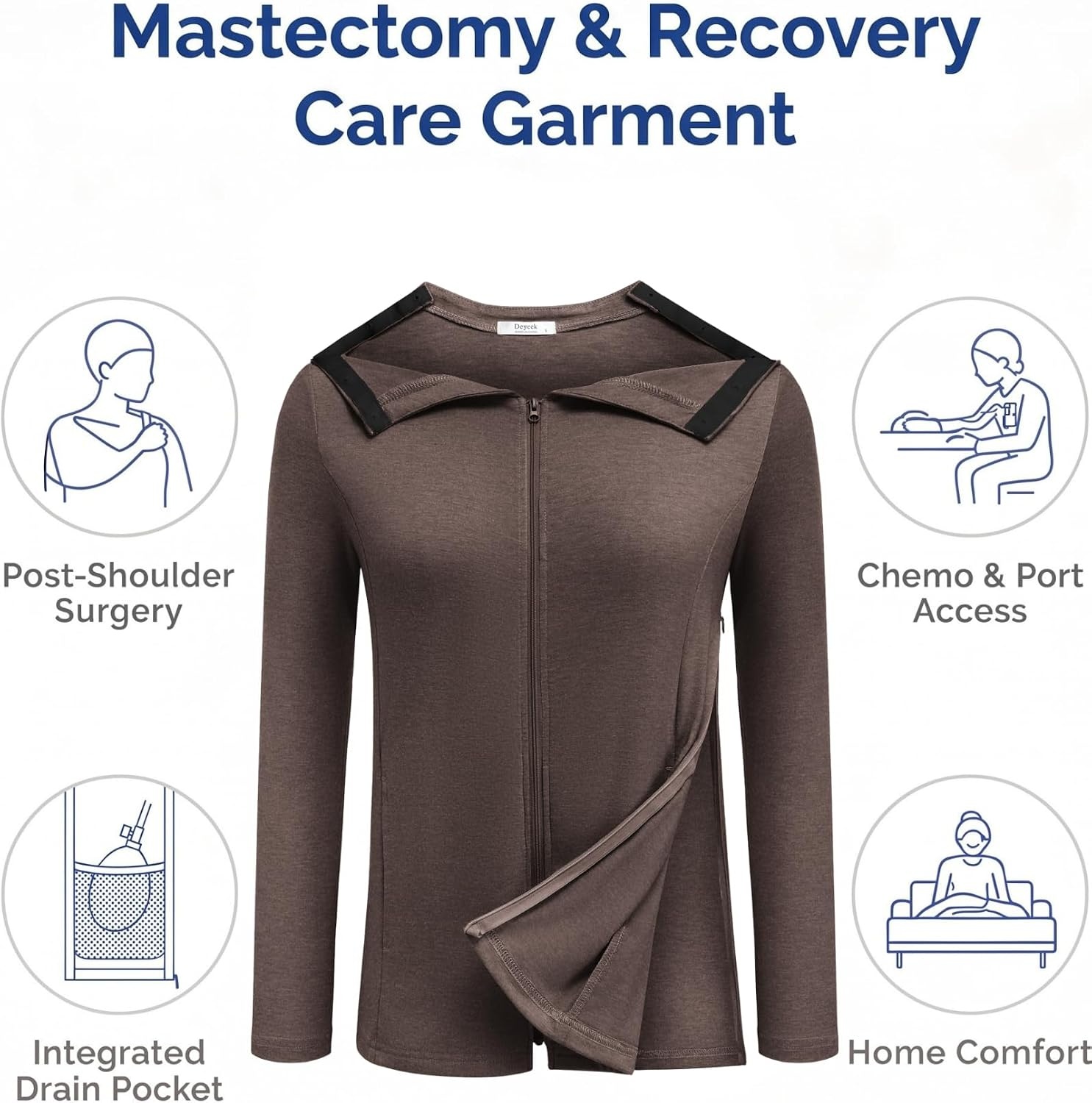 image:imageDeyeek Mastectomy Shirts with Drain Pockets Post Shoulder Surgery Tops for Women Chemo Port Long Sleeve with ZippersChestnut Brown